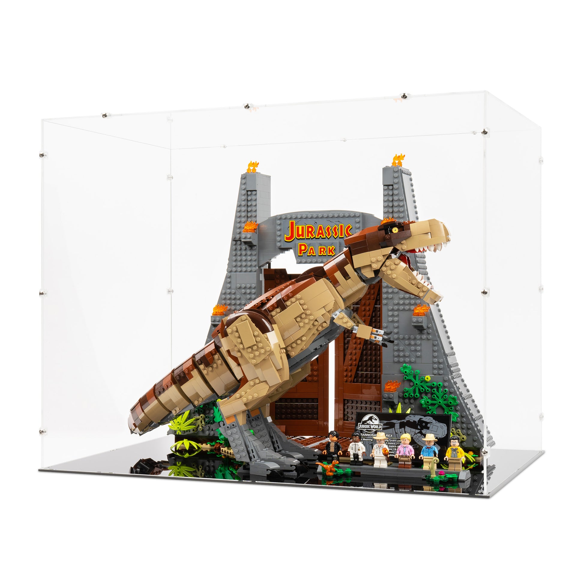 Angled view of LEGO 75936 Jurassic Park T rex Rampage Display Case.