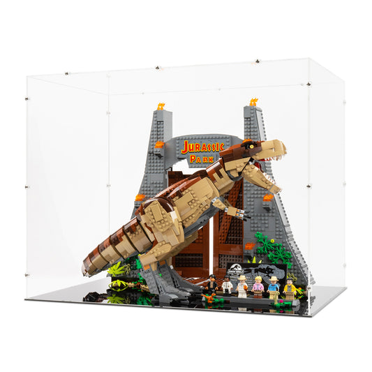 Angled view of LEGO 75936 Jurassic Park T rex Rampage Display Case.