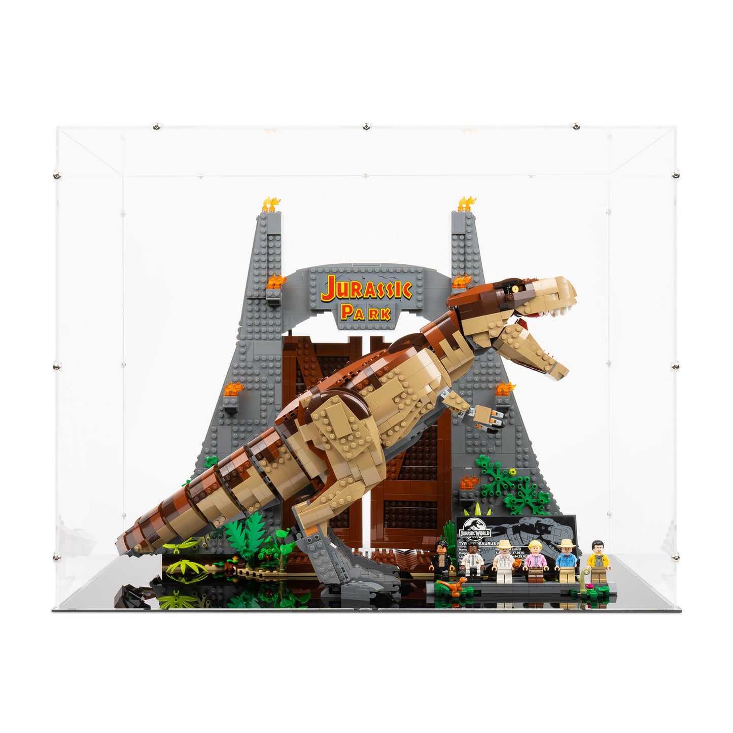 Front view of LEGO 75936 Jurassic Park T rex Rampage Display Case.