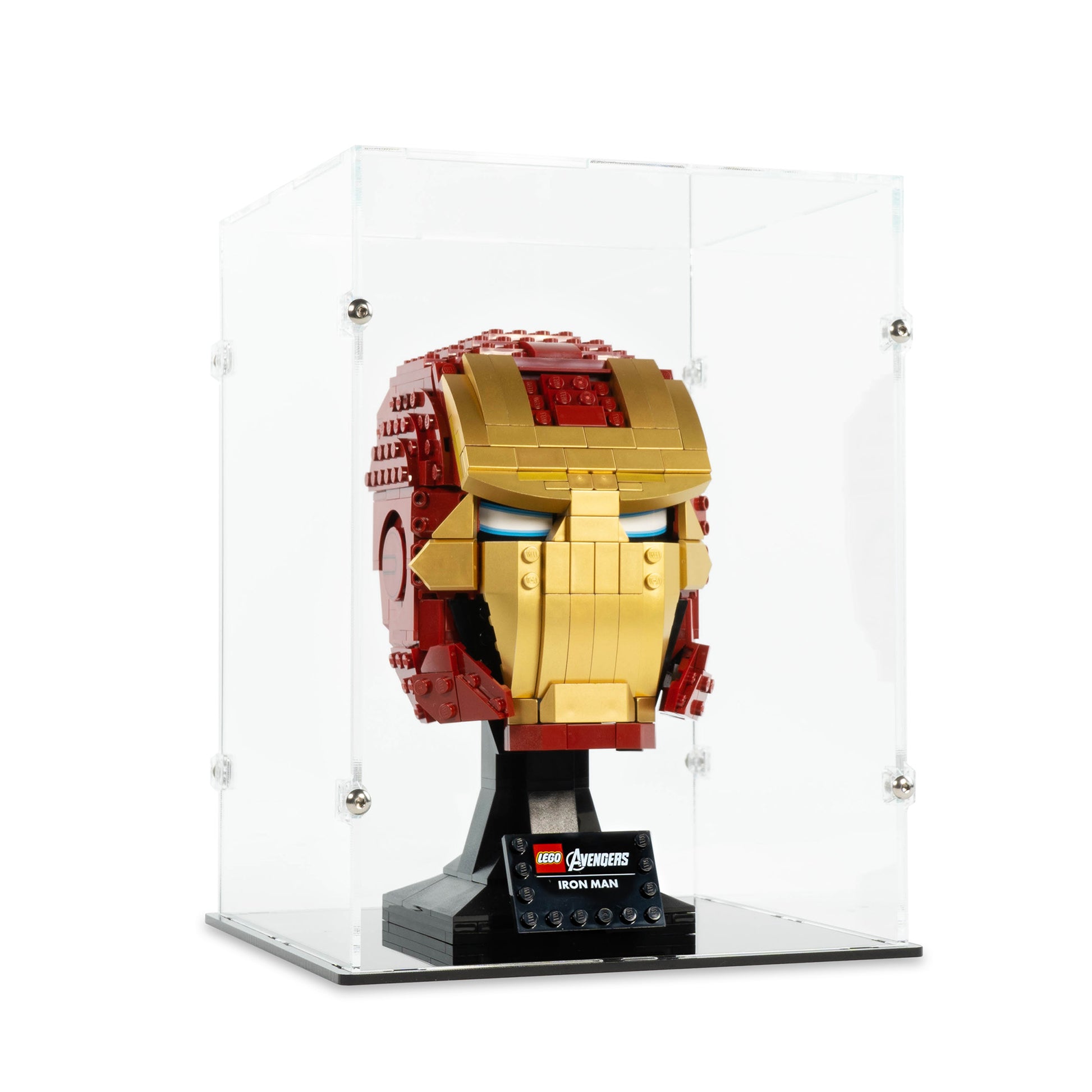 Angled view of LEGO 76165 Iron Man Helmet Display Case.