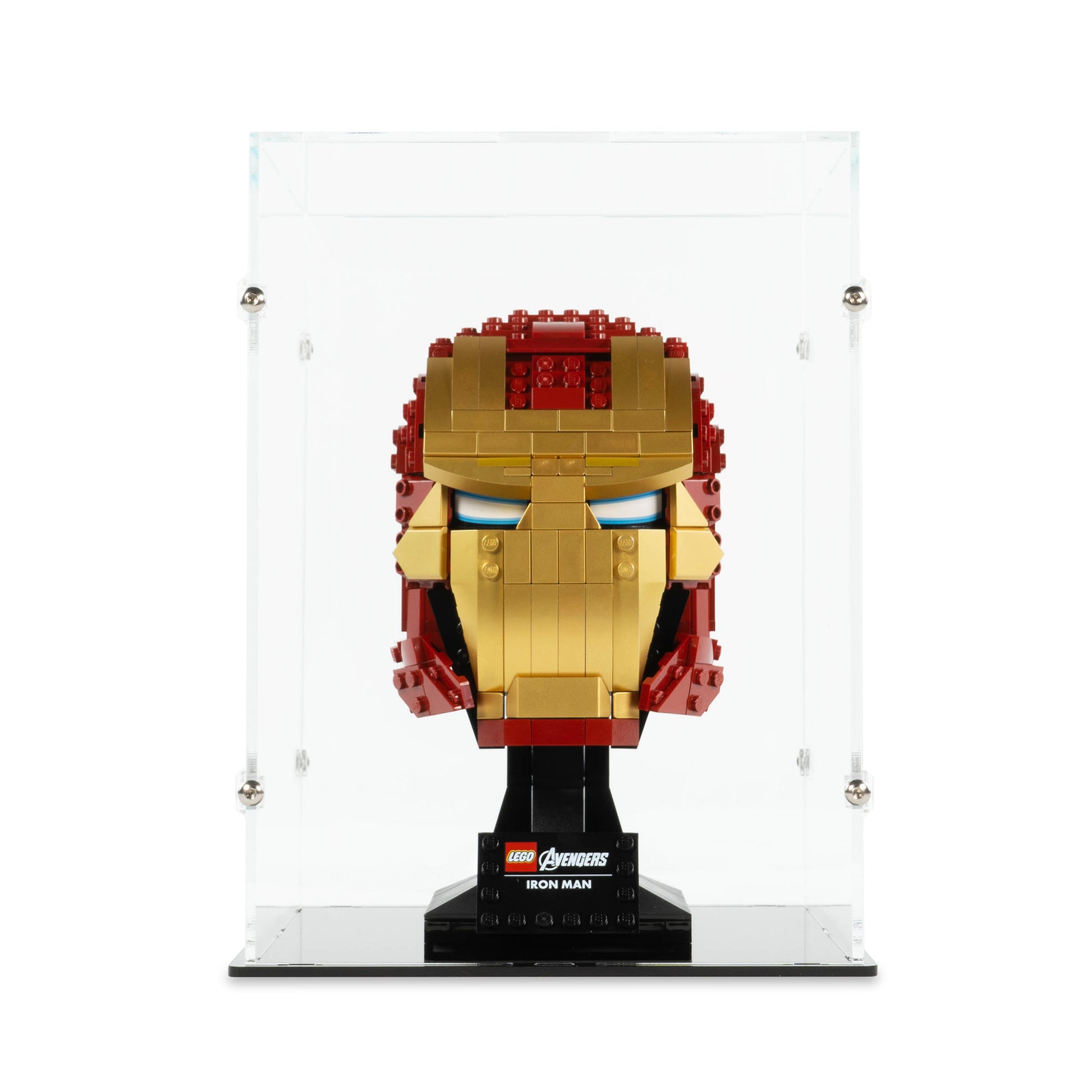 Front view of LEGO 76165 Iron Man Helmet Display Case.
