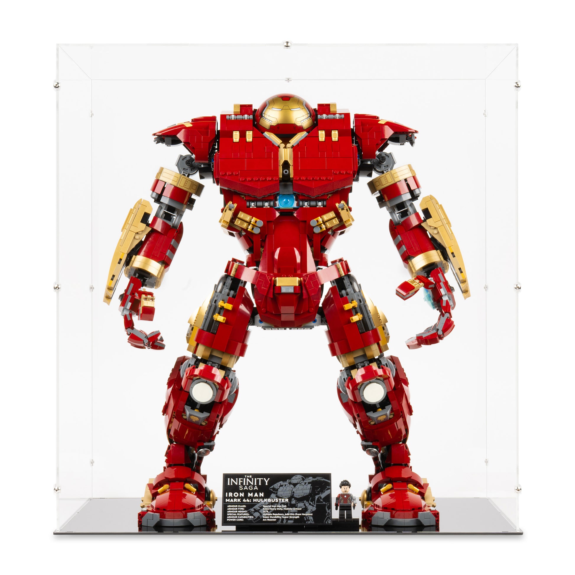 Front view of LEGO 76210 Hulkbuster Display Case.