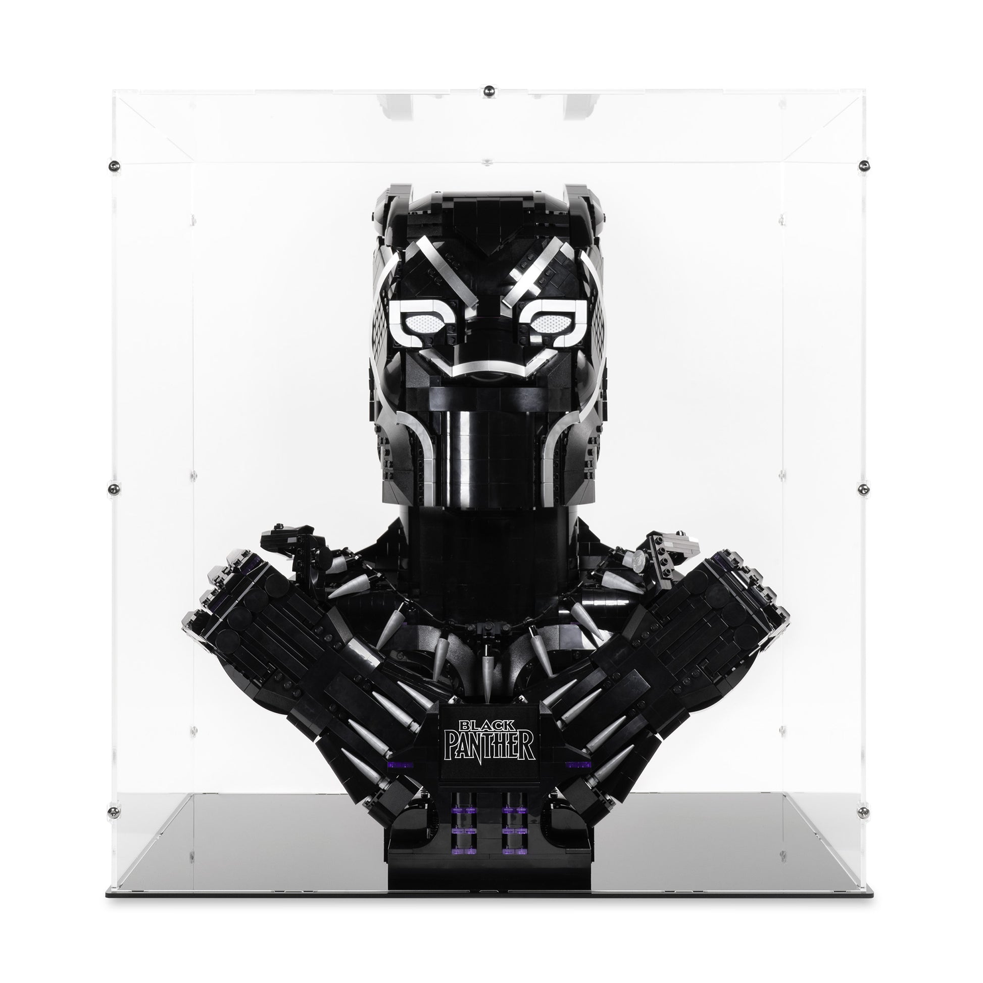 Front view of LEGO 76215 Black Panther Display Case.