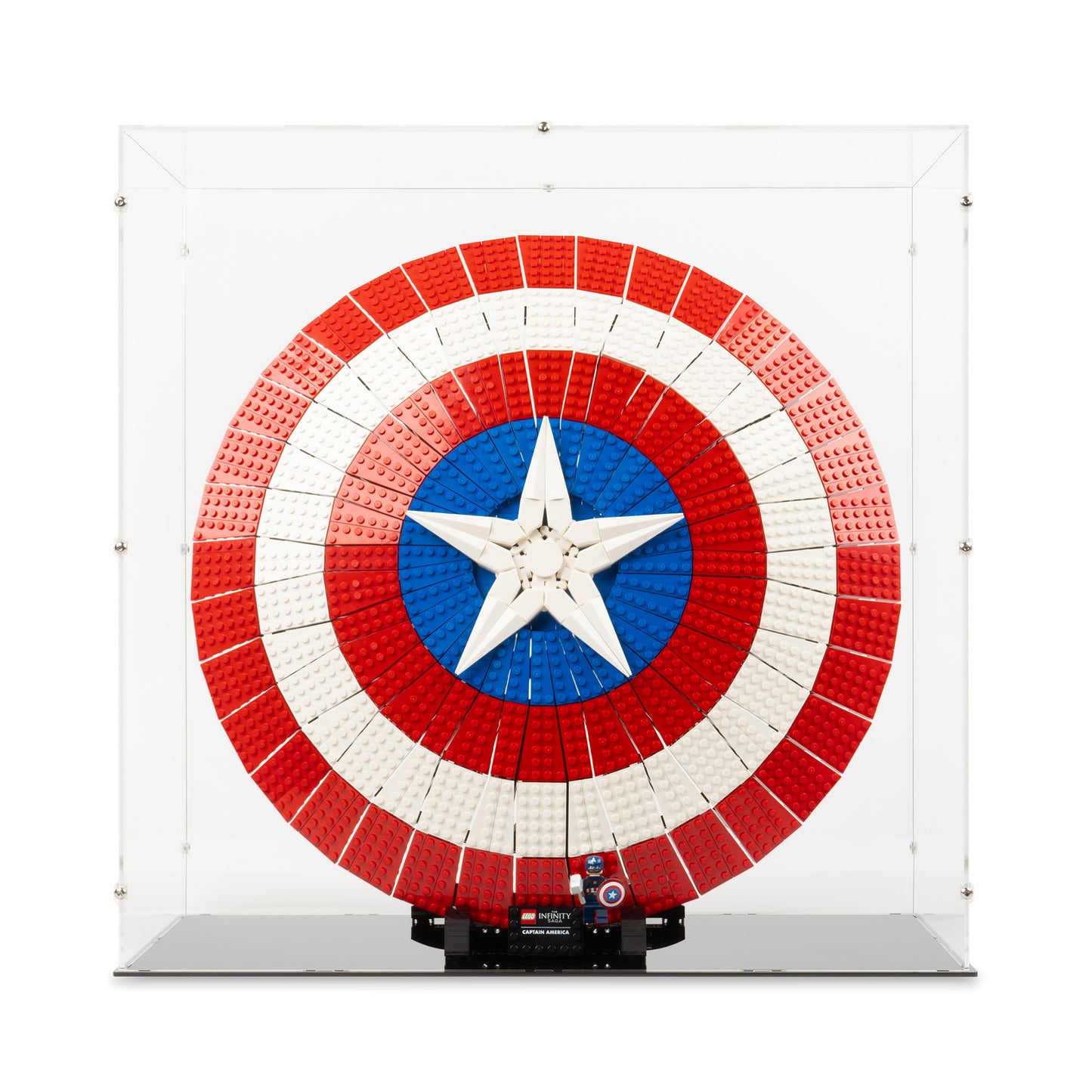 Front view of LEGO 76262 Captain America's Shield Display Case.