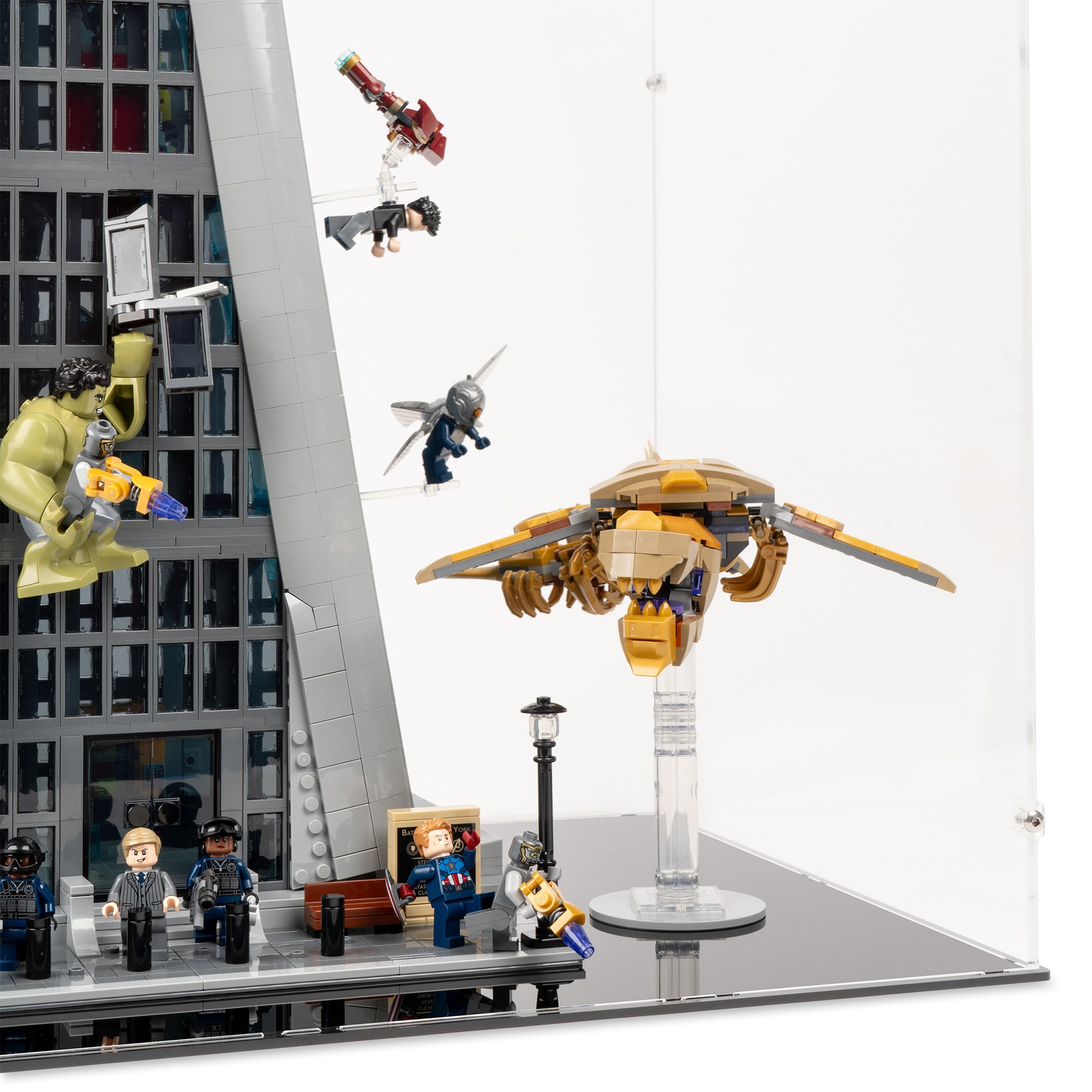 Fitting detail view of LEGO 76269 Avengers Tower Display Case.
