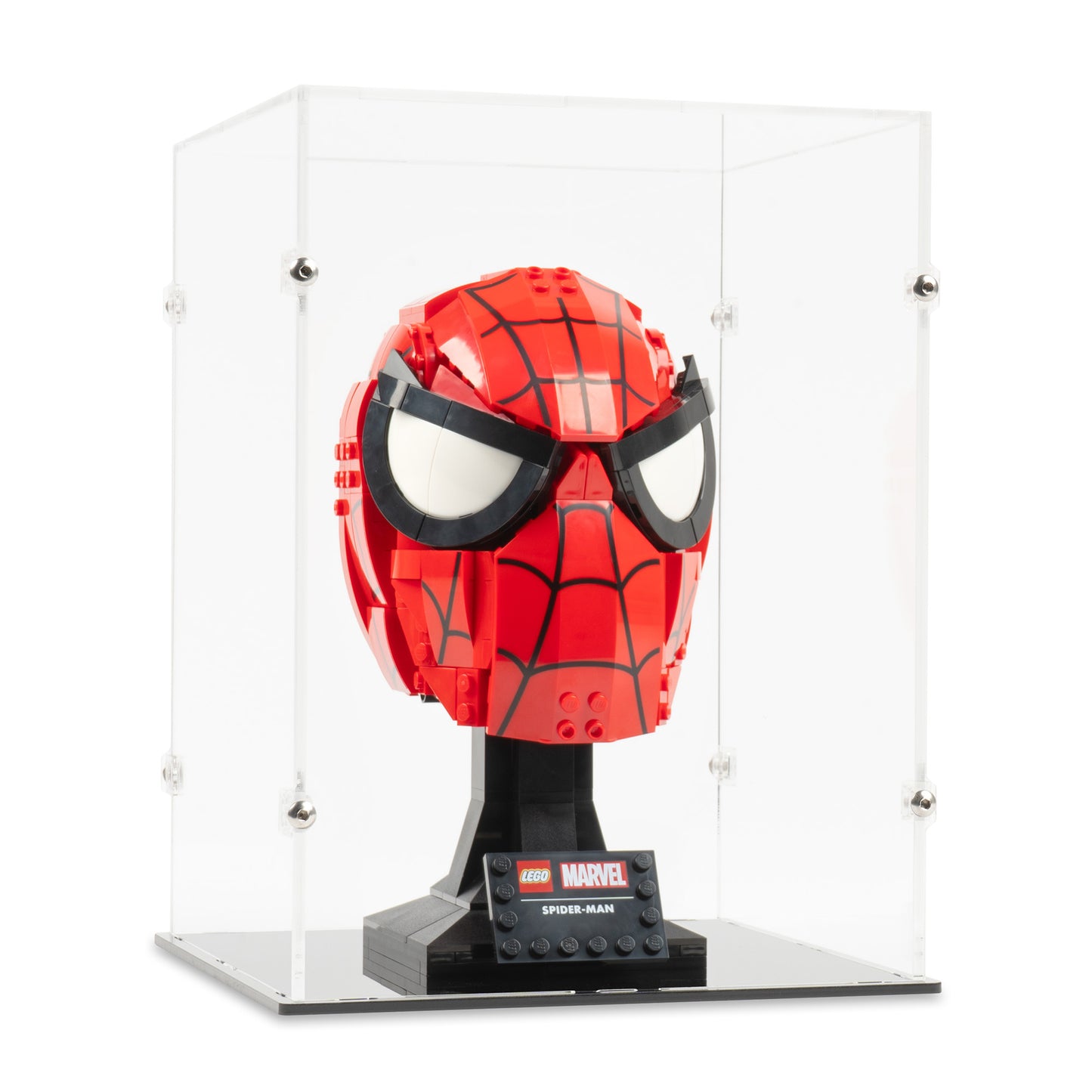 Angled view of LEGO 76285 Spider-Man's Mask Display Case.
