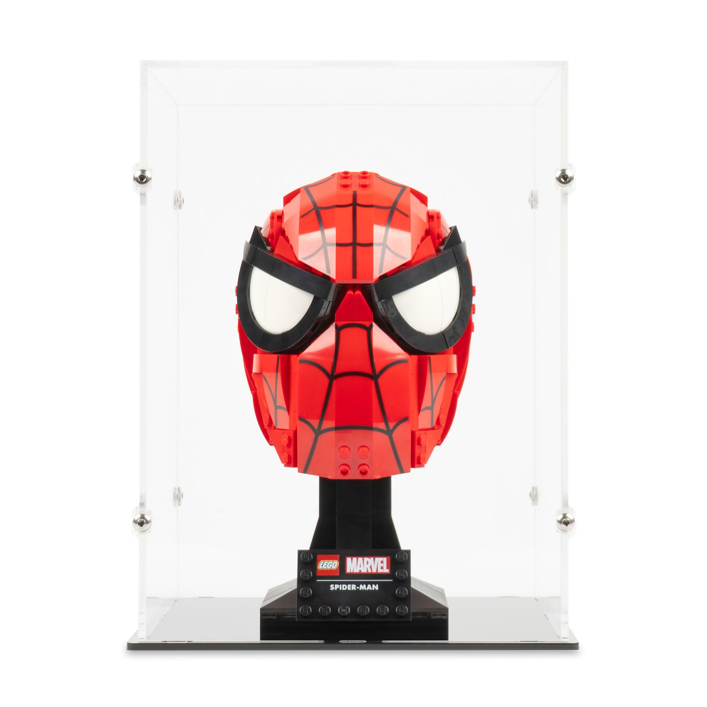 Front view of LEGO 76285 Spider-Man's Mask Display Case.