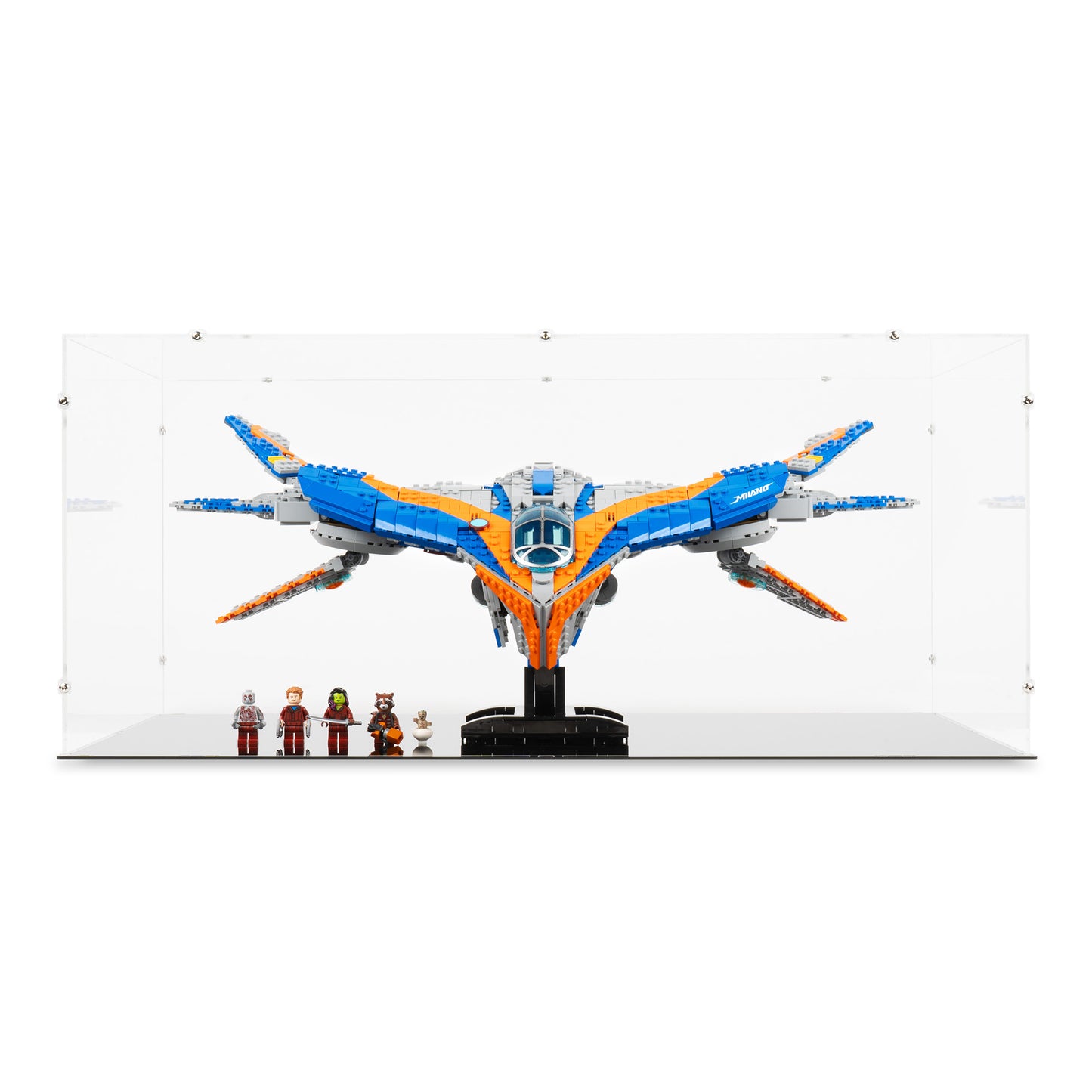 Front view of LEGO 76286 Guardians of the Galaxy The Milano Display Case.