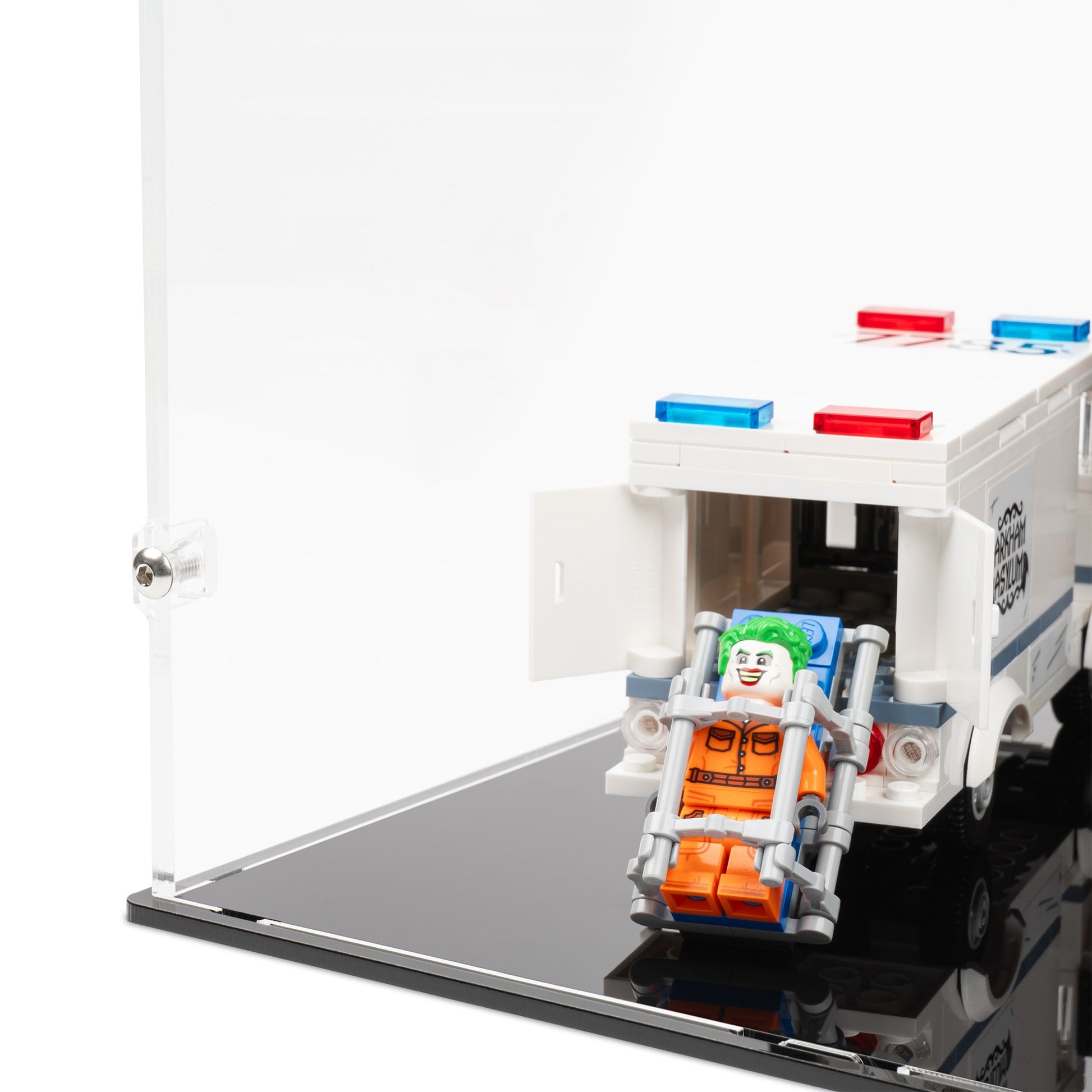 Fitting detail view of LEGO 76300 Arkham Asylum Display Case.