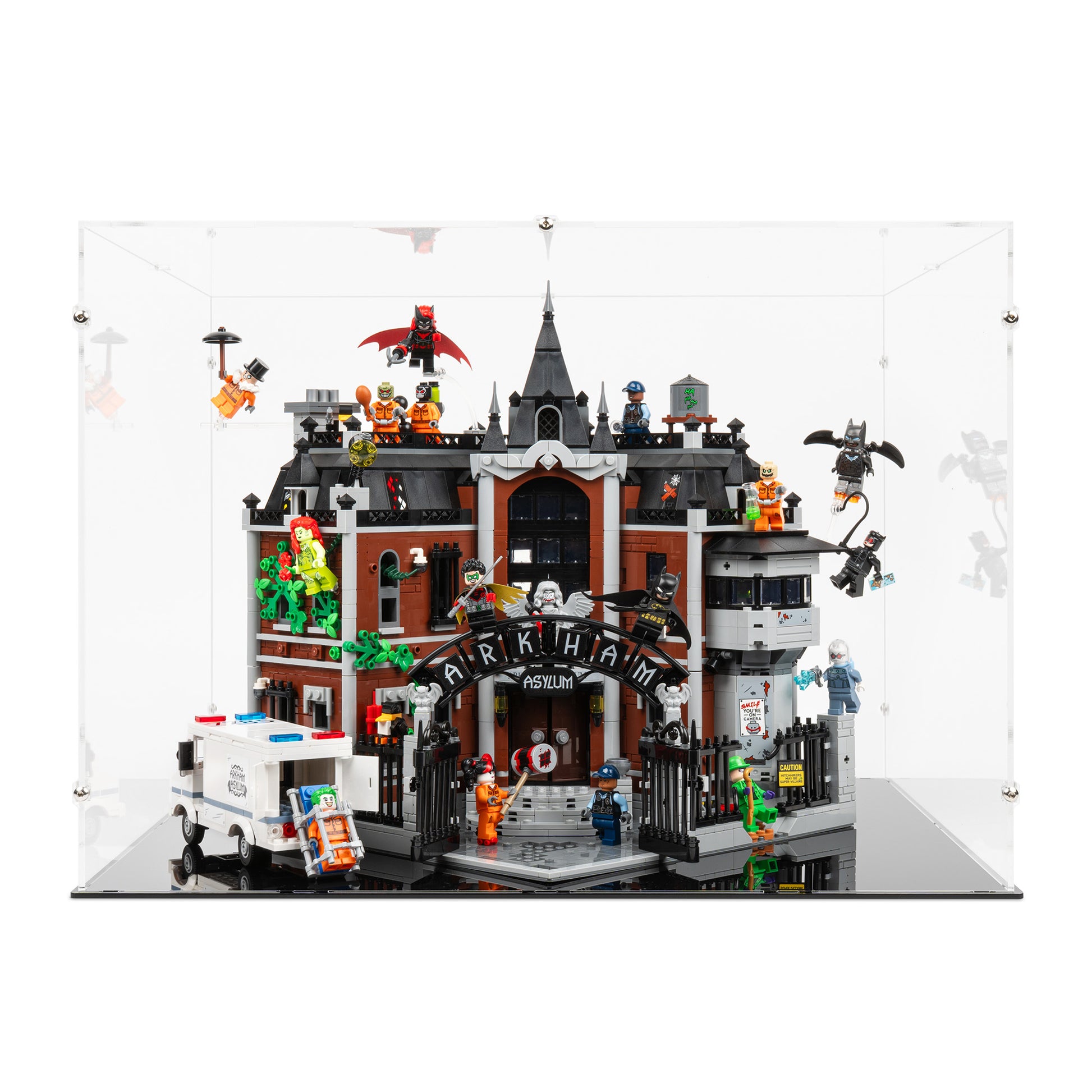 Front view of LEGO 76300 Arkham Asylum Display Case.
