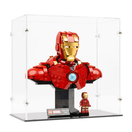 Angled view of LEGO 76327 Iron Man MK4 Bust Display Case.