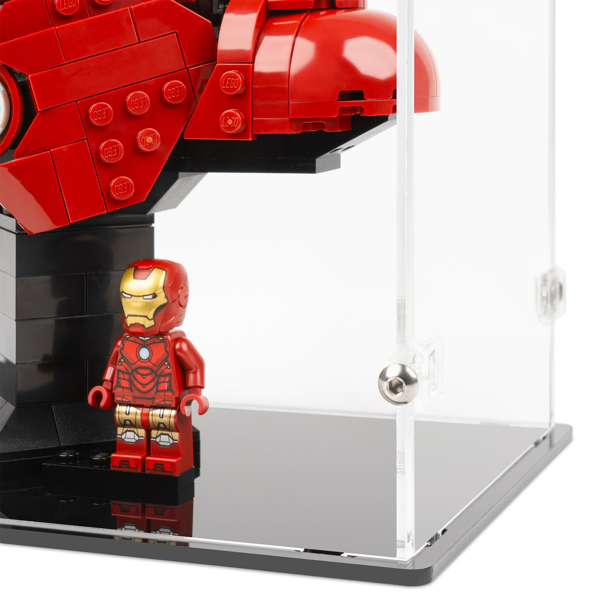 Fitting detail view of LEGO 76327 Iron Man MK4 Bust Display Case.