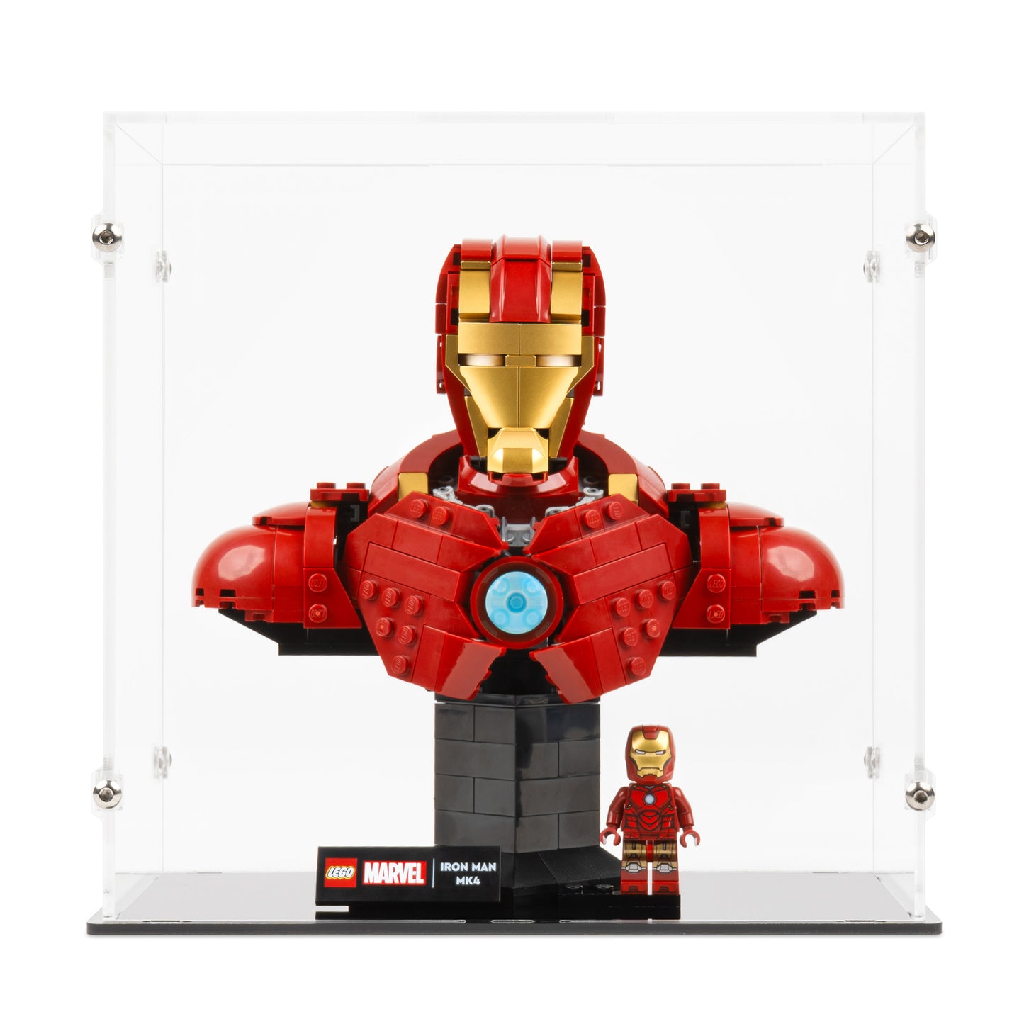 Front view of LEGO 76327 Iron Man MK4 Bust Display Case.