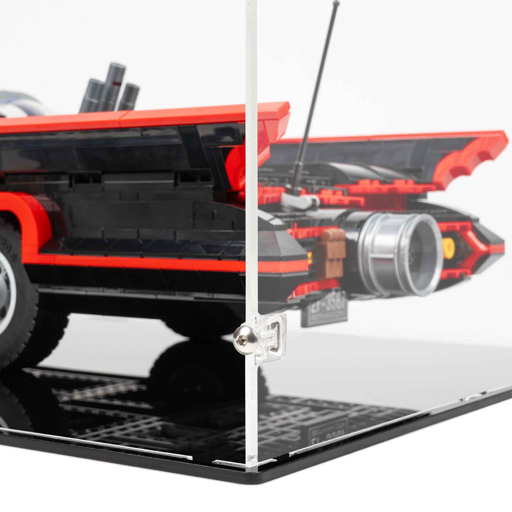 Fitting detail view of LEGO 76328 Batman The Classic TV Series Batmobile Display Case.