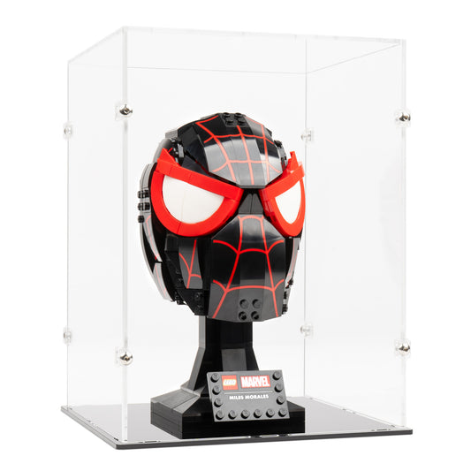 Angled view of LEGO 76329 Miles Morales' Mask Display Case.