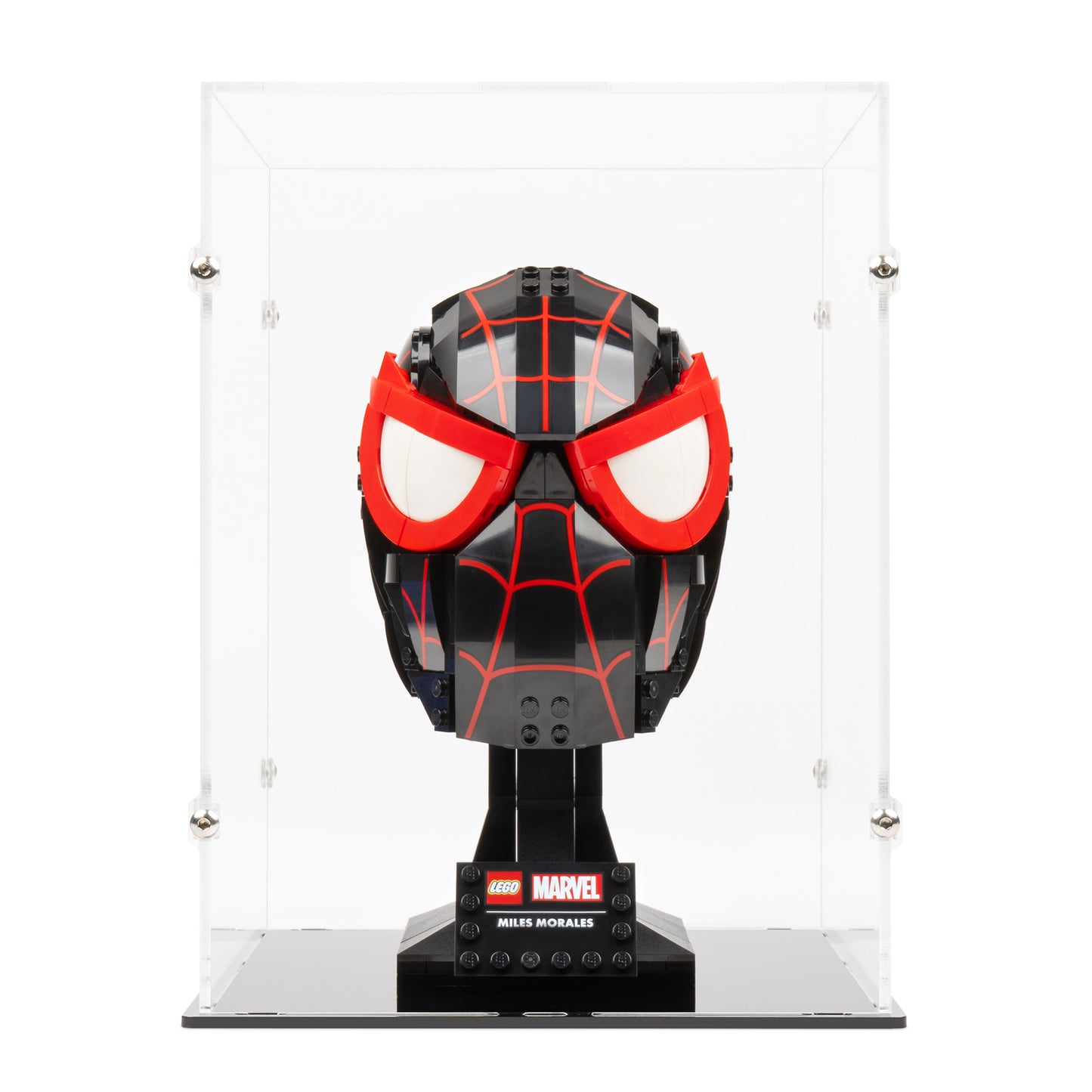 Front view of LEGO 76329 Miles Morales' Mask Display Case.