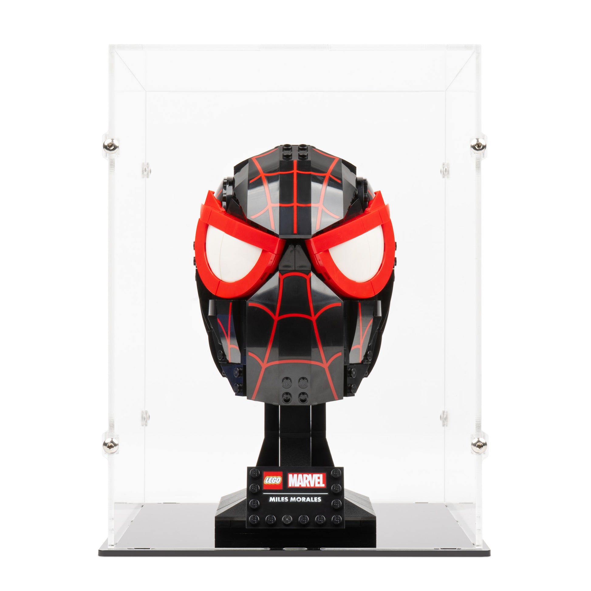 Front view of LEGO 76329 Miles Morales' Mask Display Case.