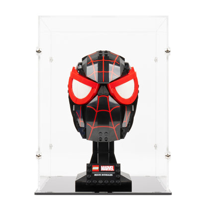 Front view of LEGO 76329 Miles Morales' Mask Display Case.