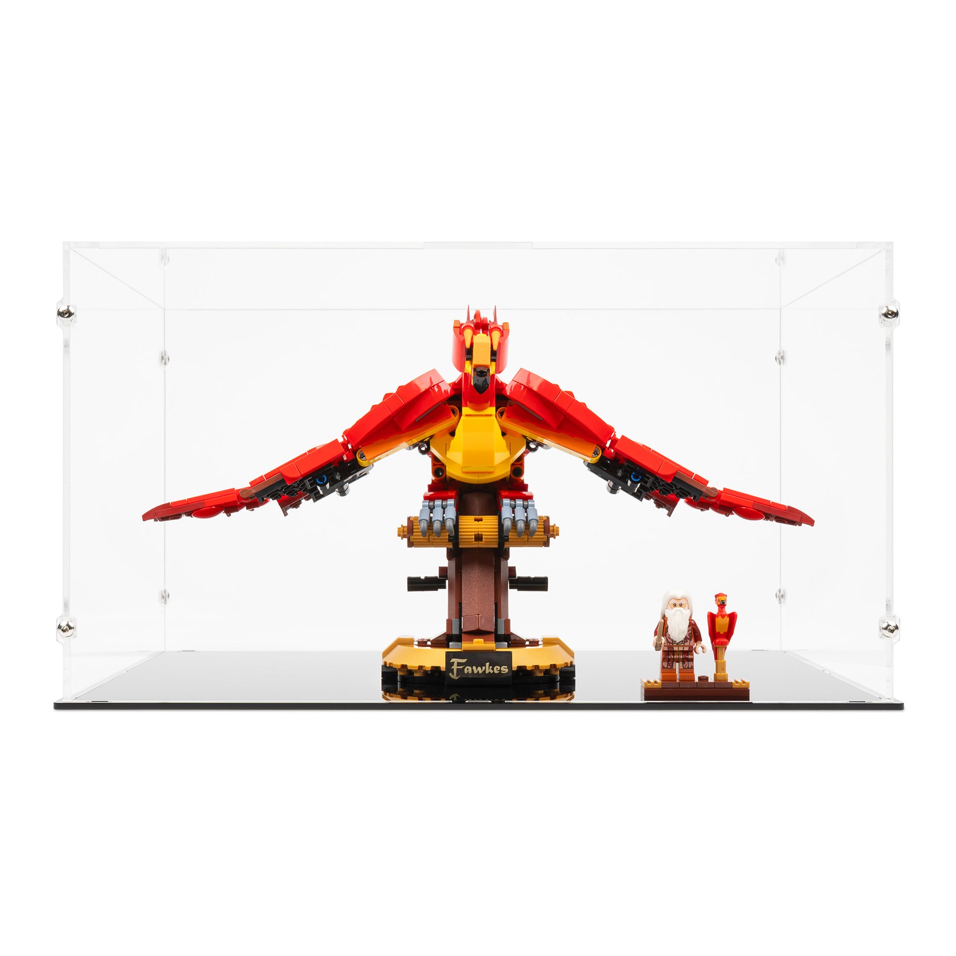 Front view of LEGO 76394 Fawkes Display Case.