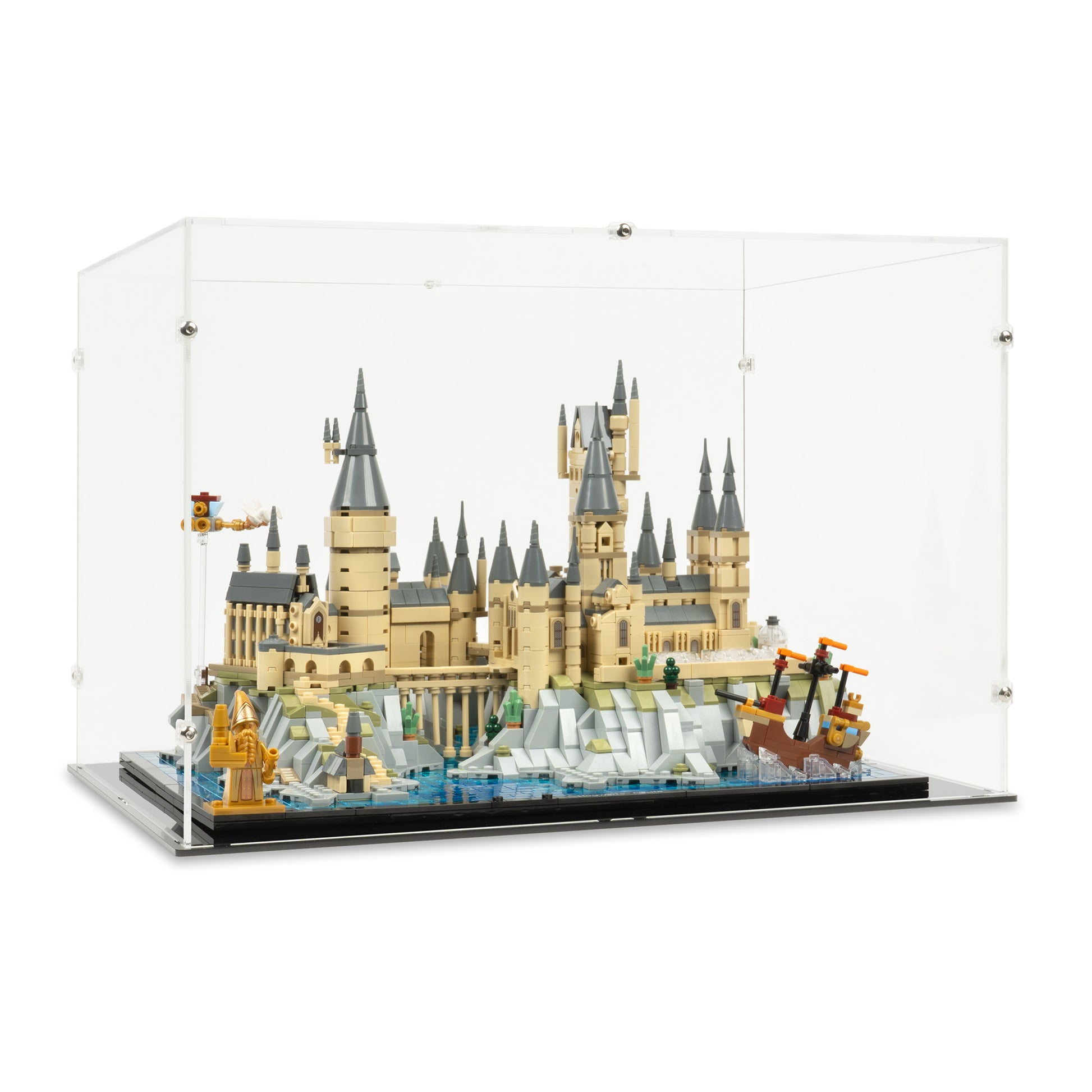 Angled view of LEGO 76419 Hogwarts Castle and Grounds Display Case.