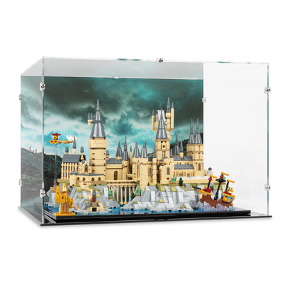 Angled view of LEGO 76419 Hogwarts Castle and Grounds Display Case with a UV printed background.