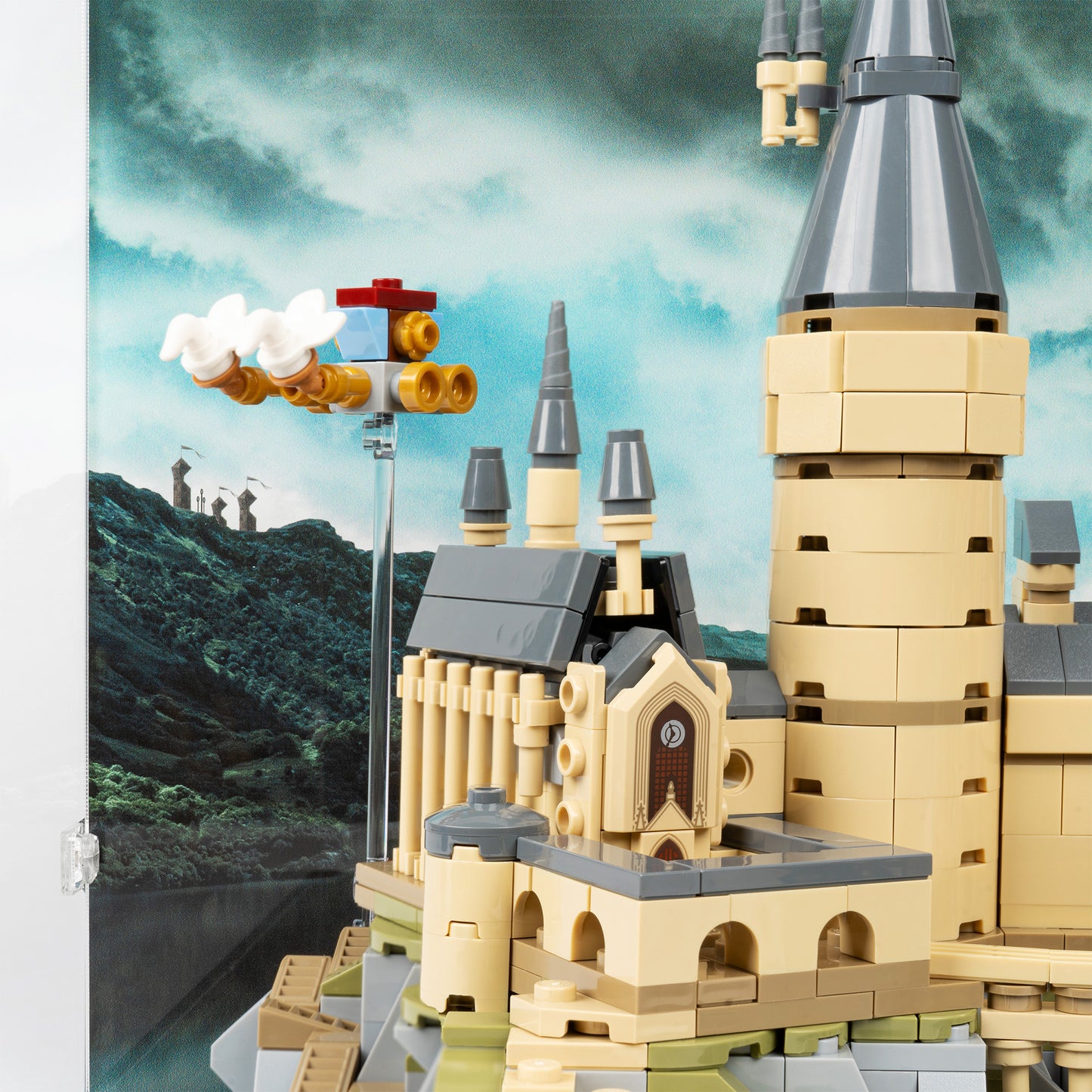 Great Hall detail view of LEGO 76419 Hogwarts Castle and Grounds Display Case with a UV printed background.