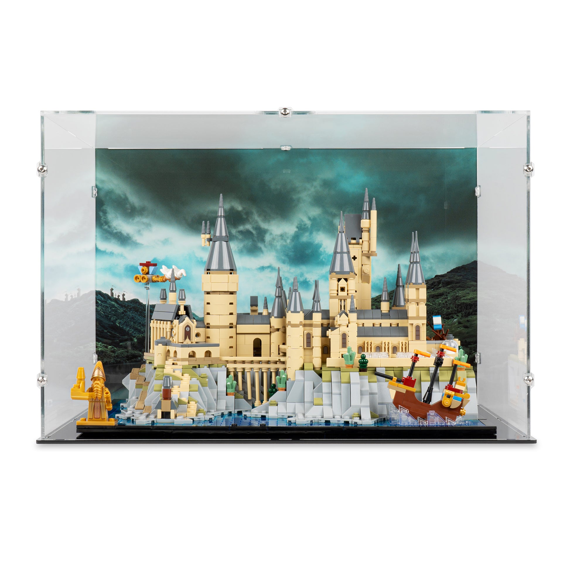 Front view of LEGO 76419 Hogwarts Castle and Grounds Display Case with a UV printed background.