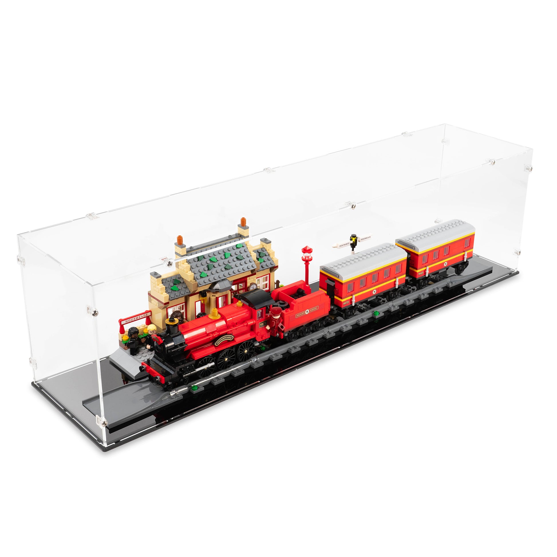 Angled top view of LEGO 76423 Hogwarts Express Train Set with Hogsmeade Station Display Case.
