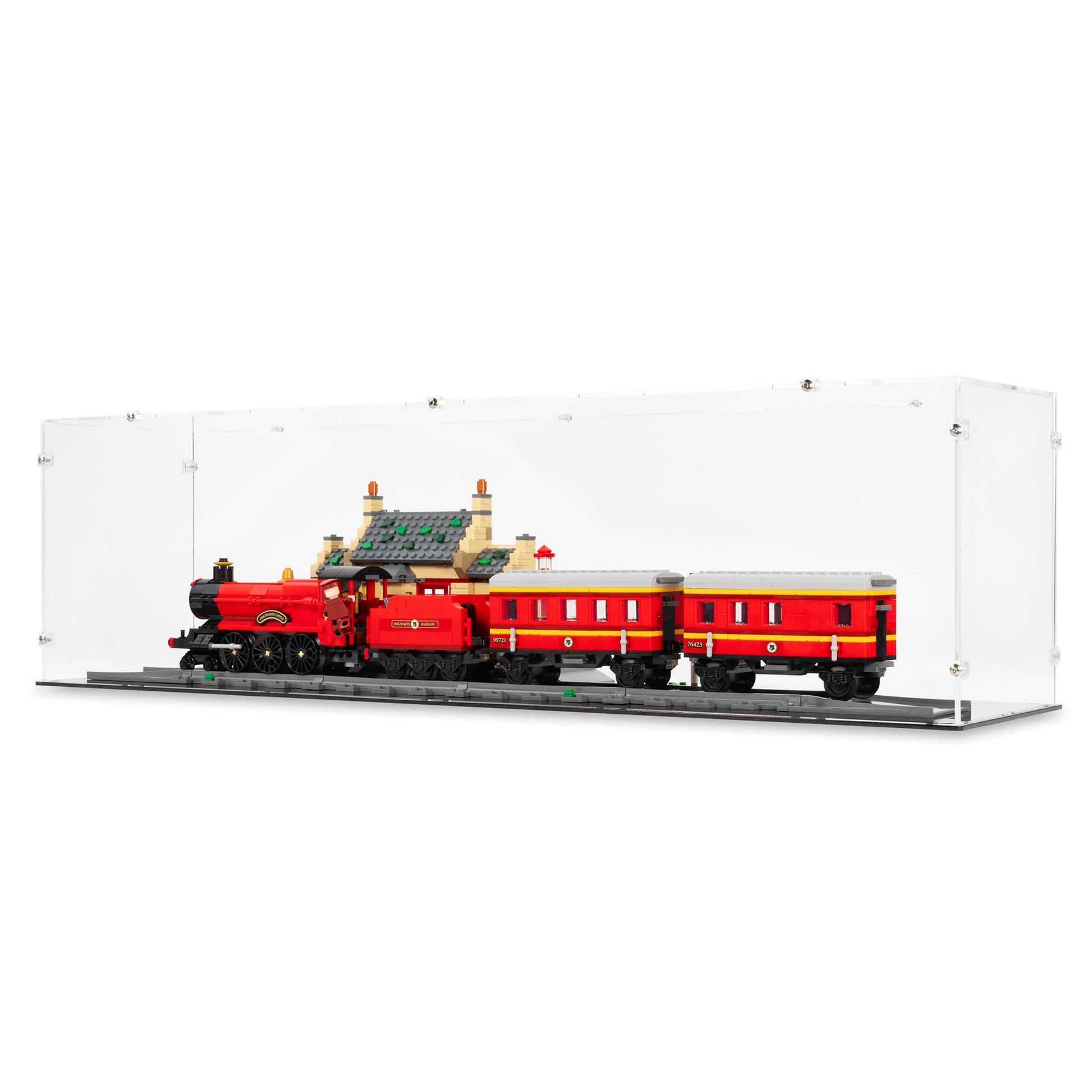 Angled view of LEGO 76423 Hogwarts Express Train Set with Hogsmeade Station Display Case.
