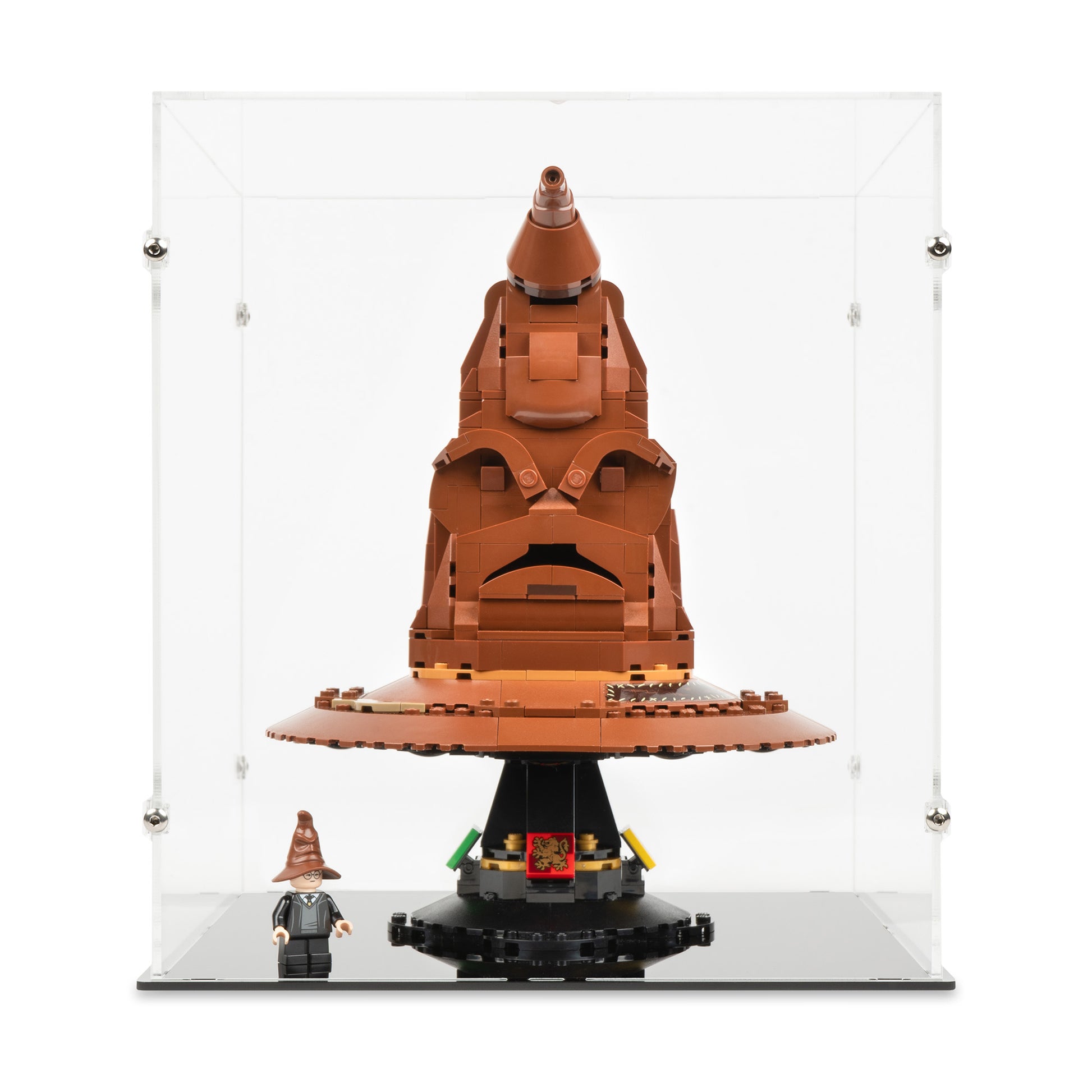 Front view of LEGO 76429 Talking Sorting Hat Display Case.