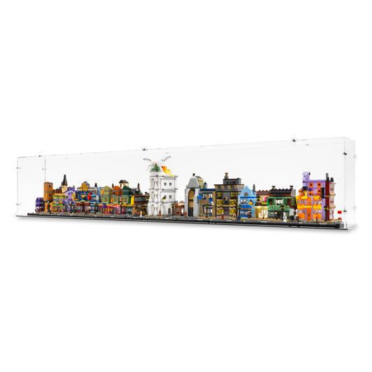 Angled view of LEGO 76444 Diagon Alley Wizarding Shops Display Case.