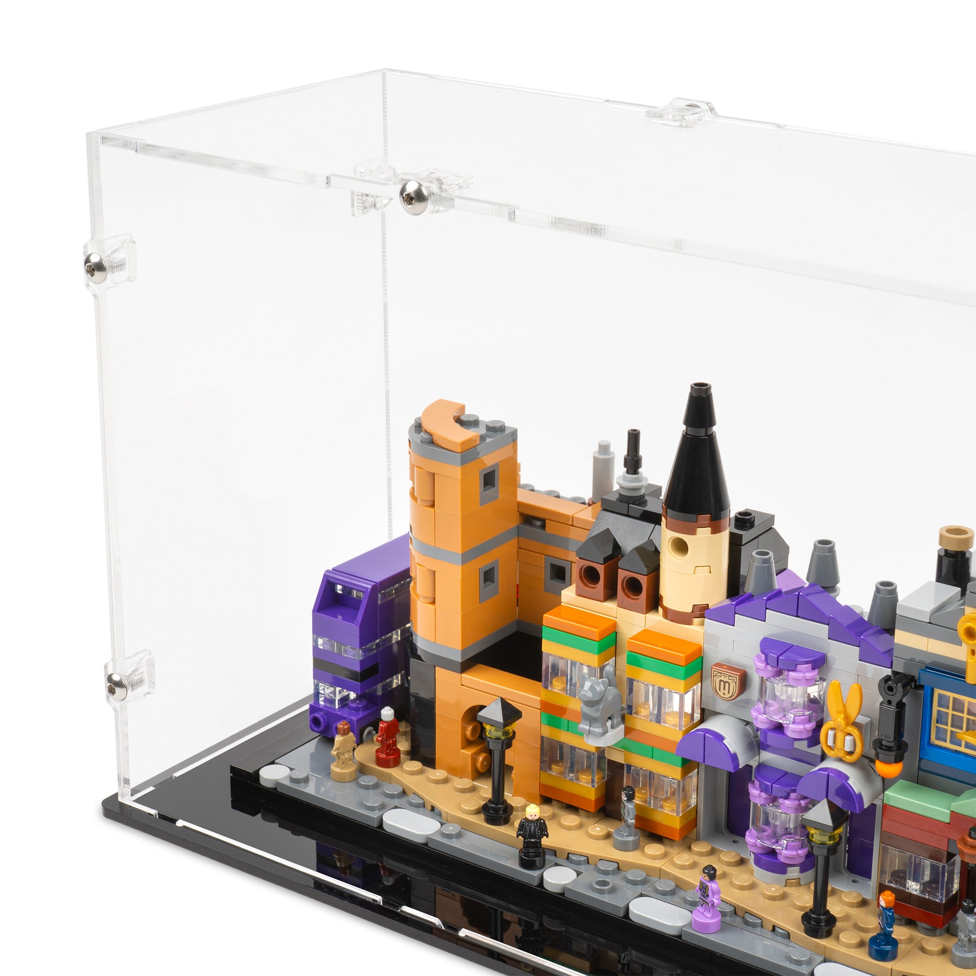 Fitting detail view of LEGO 76444 Diagon Alley Wizarding Shops Display Case.