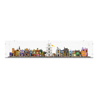 Front view of LEGO 76444 Diagon Alley Wizarding Shops Display Case.