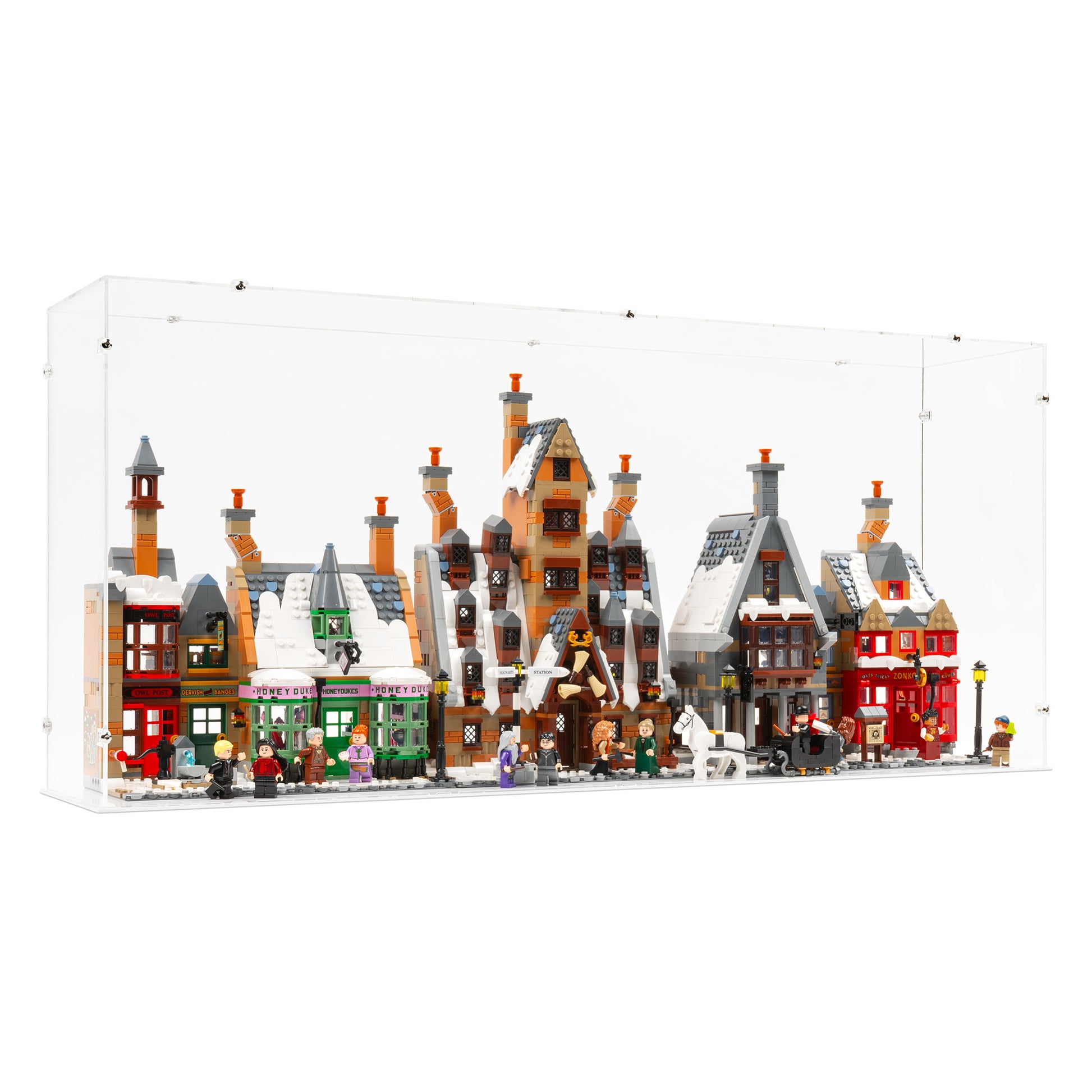 Angled view of LEGO 76457 Hogsmeade Village – Collectors' Edition Display Case.