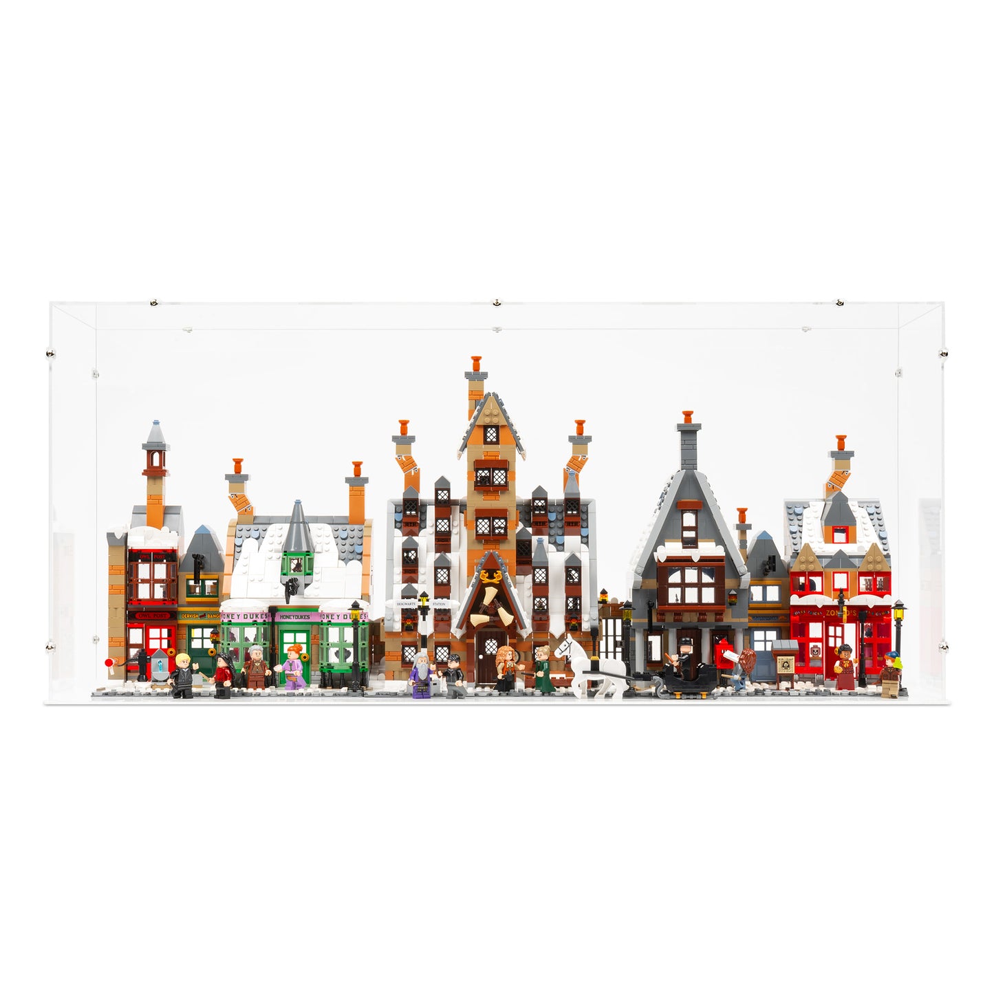 Front view of LEGO 76457 Hogsmeade Village – Collectors' Edition Display Case.