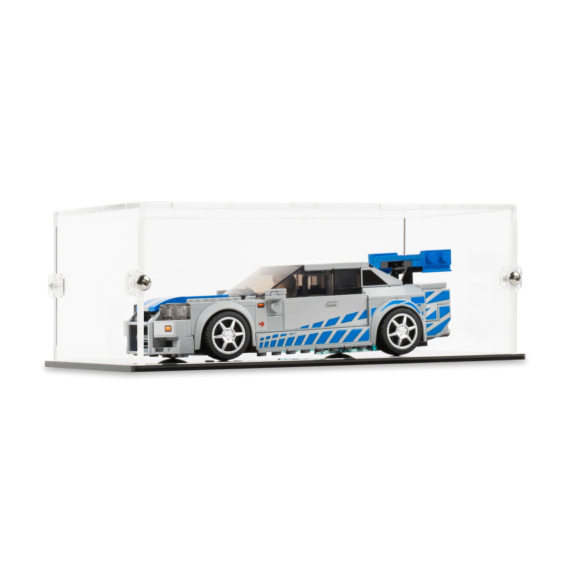 Angled view of LEGO 76917 2 Fast 2 Furious Nissan Skyline GT-R R34 Display Case.