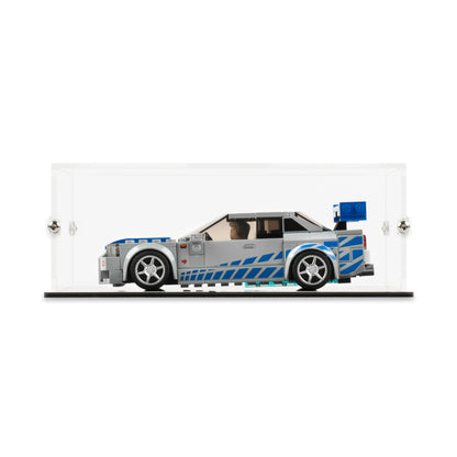 Front view of LEGO 76917 2 Fast 2 Furious Nissan Skyline GT-R R34 Display Case.