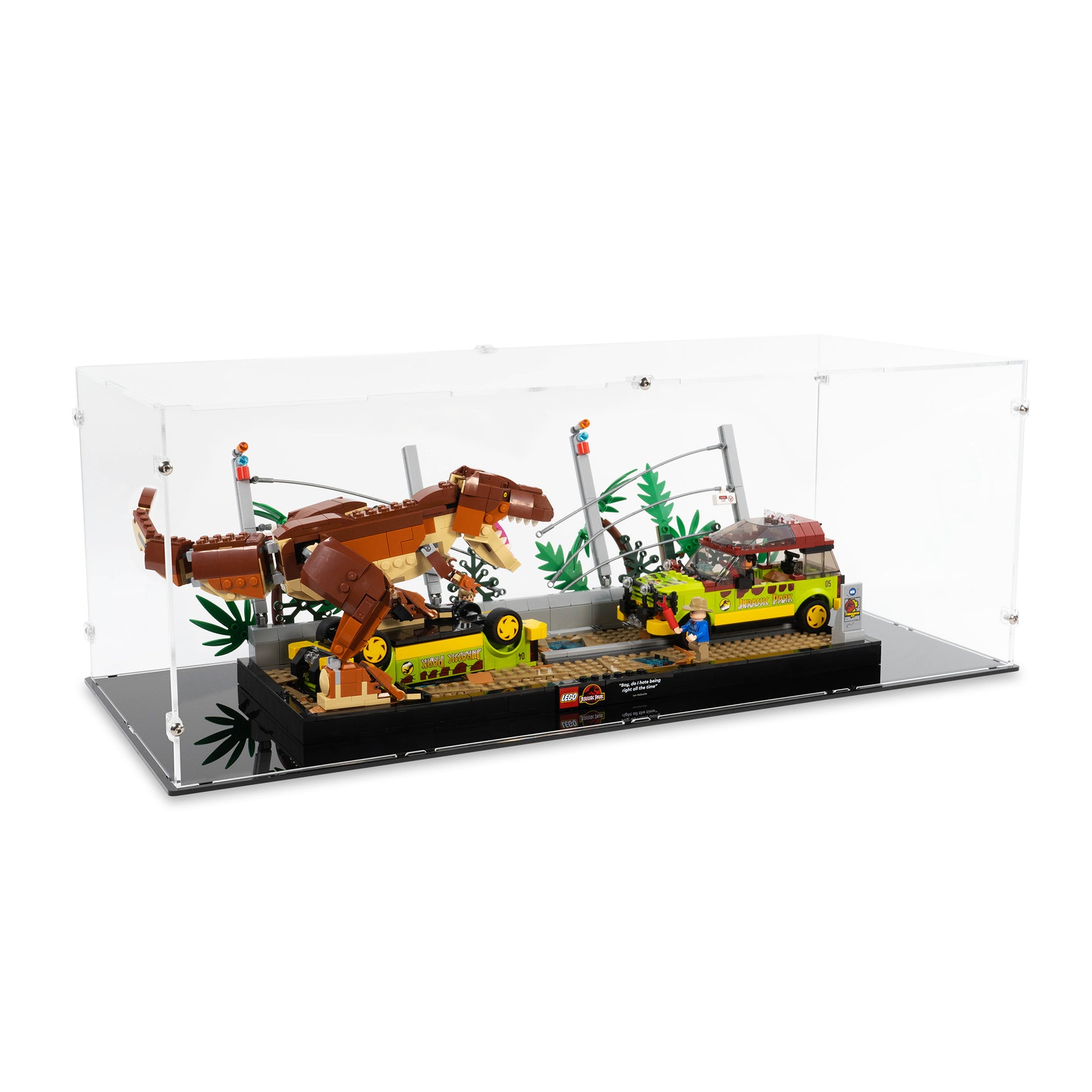Angled top view of LEGO 76956 T. rex Breakout Display Case.
