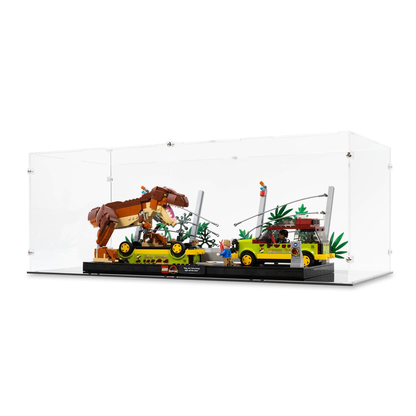 Angled view of LEGO 76956 T. rex Breakout Display Case.