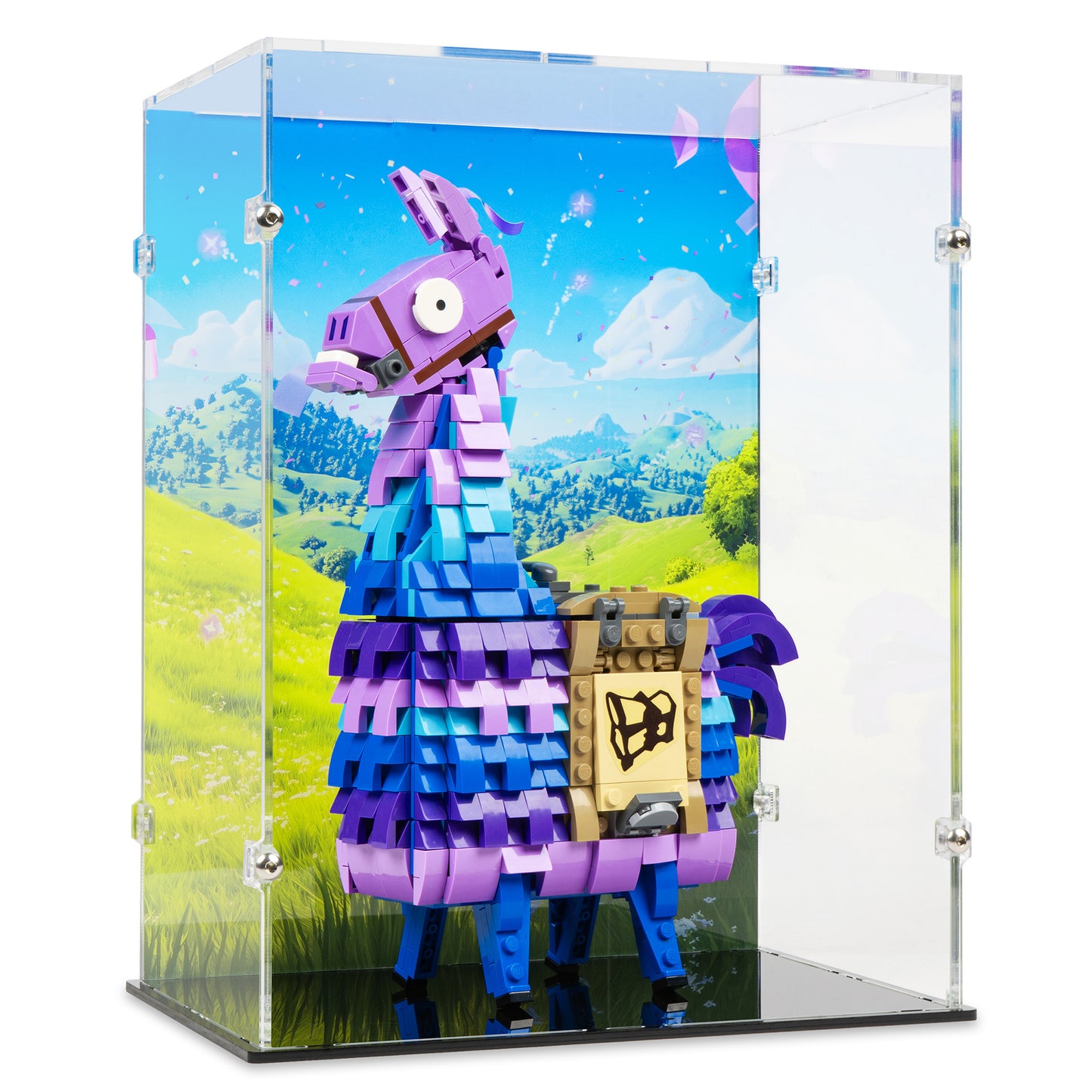 Angled view of LEGO 77071 Supply Llama Display Case with a UV printed background.