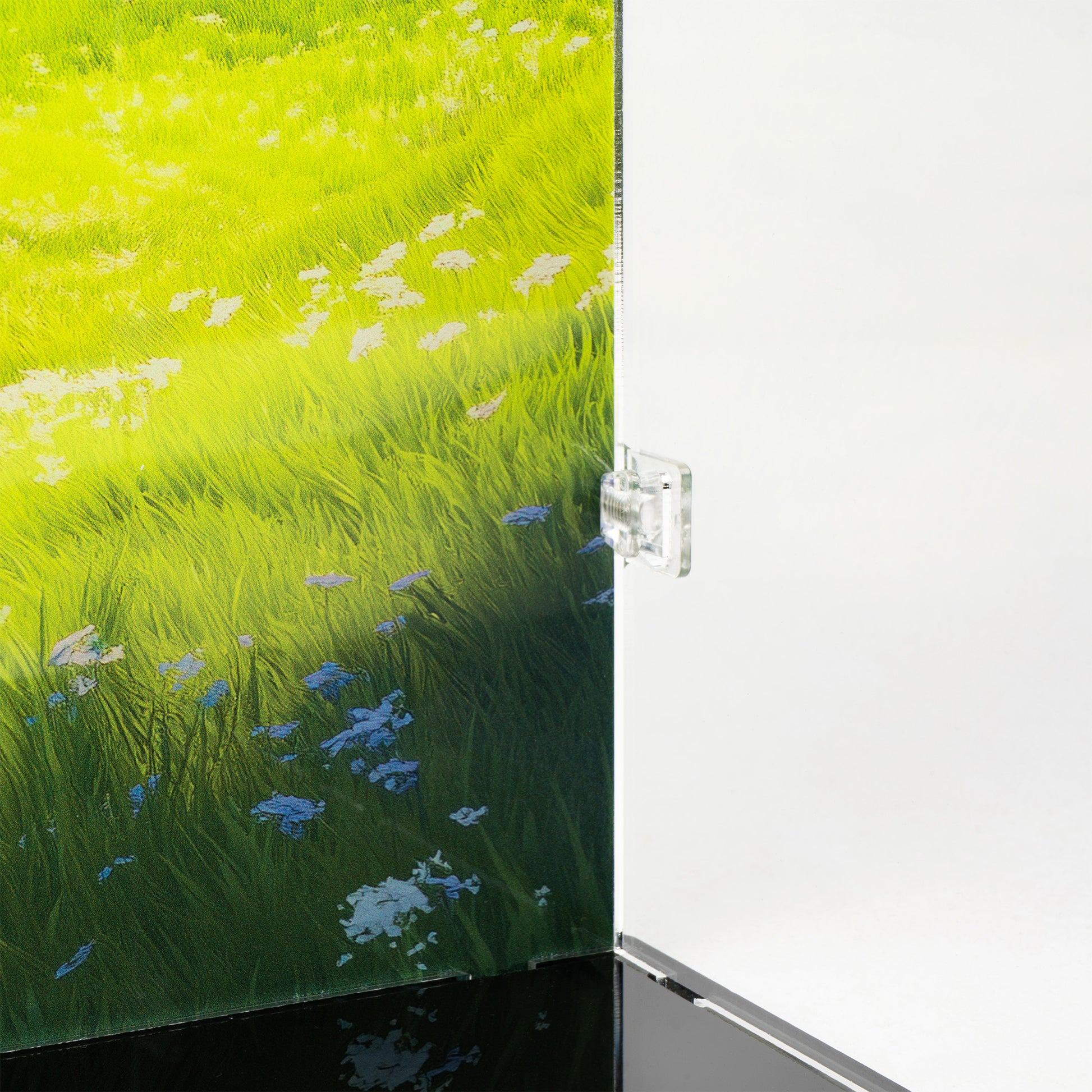 Corner detail view of LEGO 77071 Supply Llama Display Case with a UV printed background.