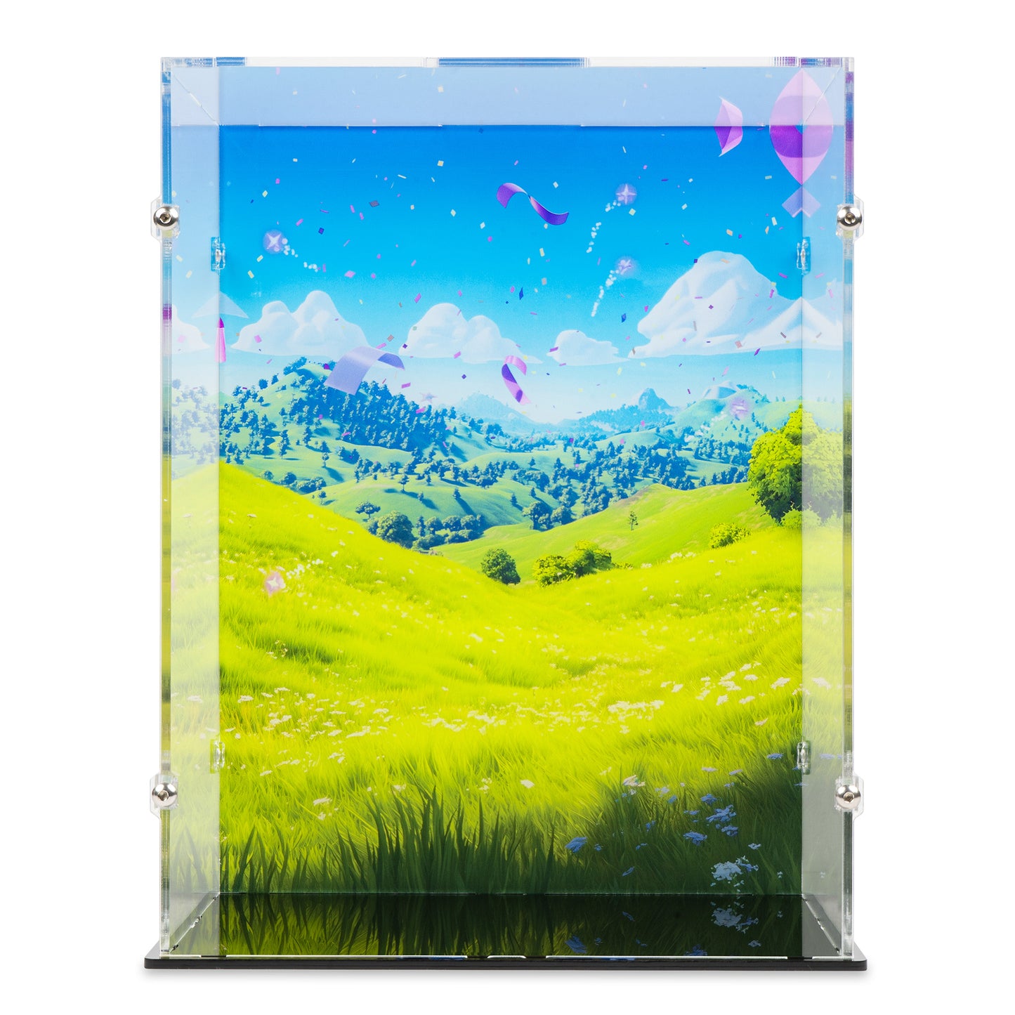 Front view of empty LEGO 77071 Supply Llama Display Case with a UV printed background.
