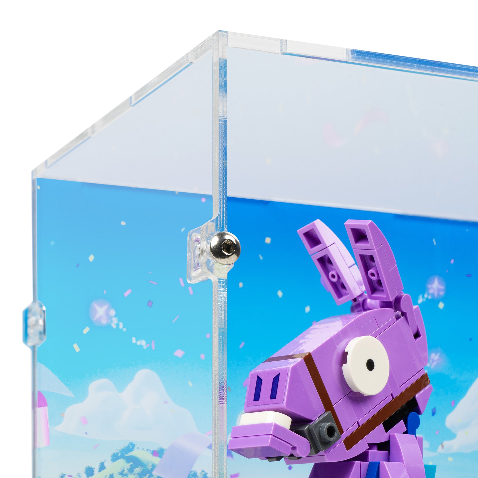 Fitting detail view of LEGO 77071 Supply Llama Display Case with a UV printed background.