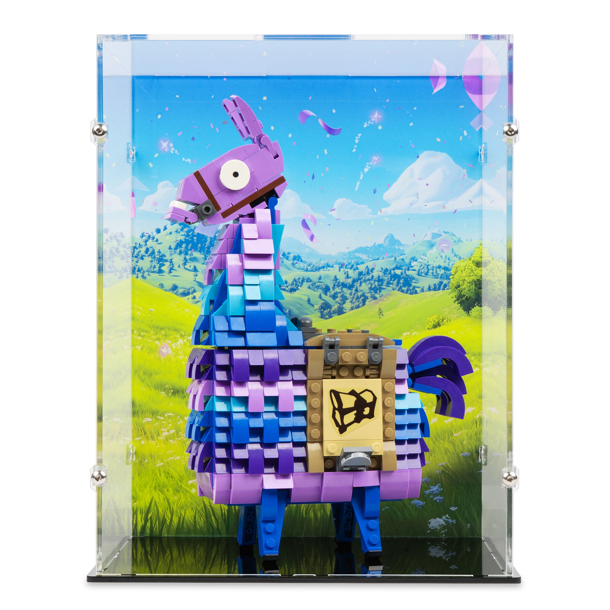 Front view of LEGO 77071 Supply Llama Display Case with a UV printed background.