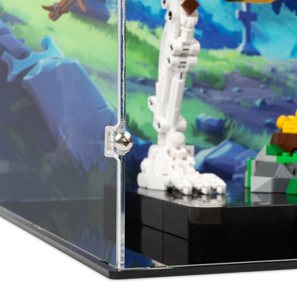 Fitting detail view of LEGO 77072 Peely Bone Display Case with a UV printed background.