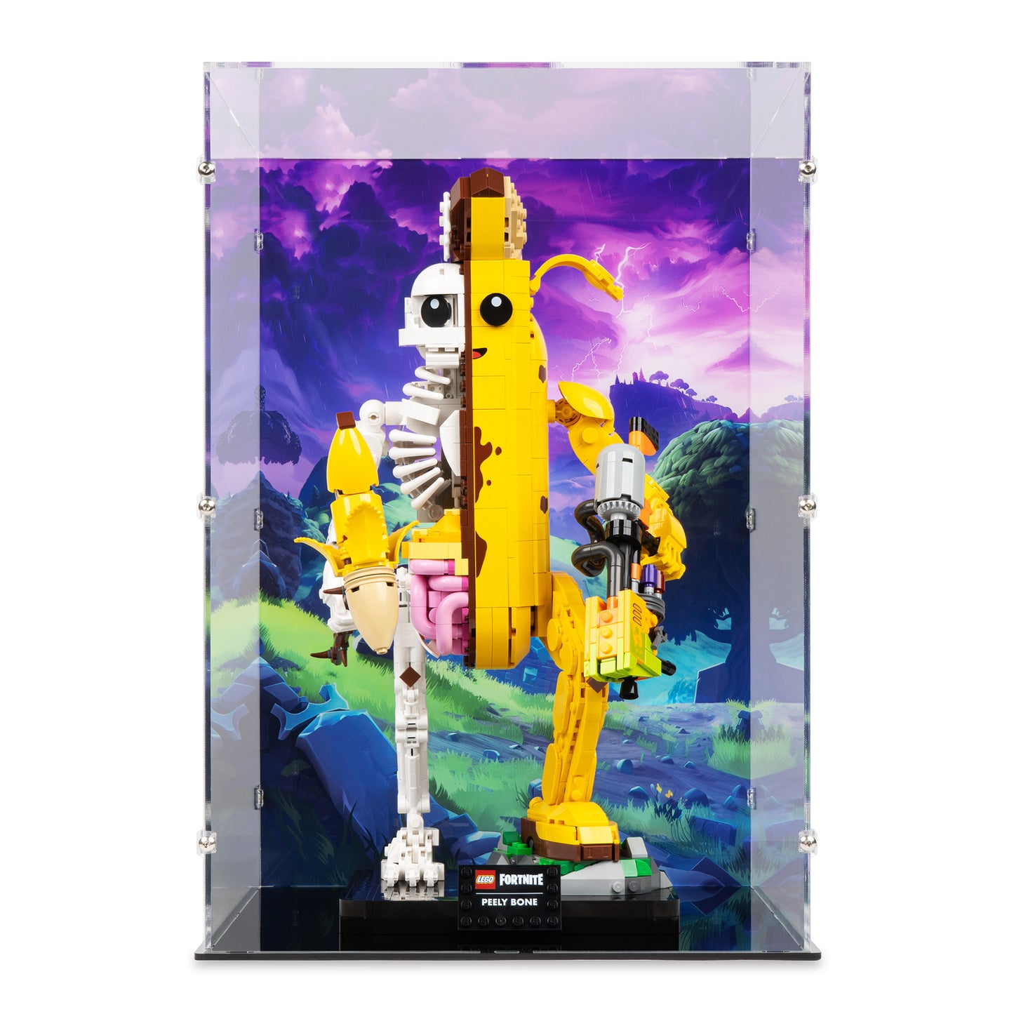 Front view of LEGO 77072 Peely Bone Display Case with a UV printed background.