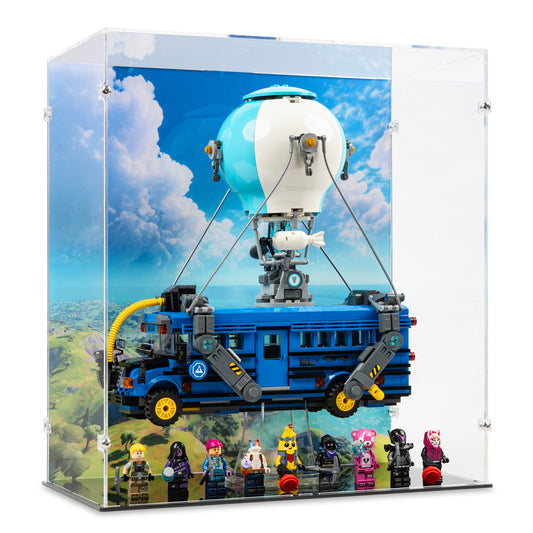 Angled view of LEGO 77073 Battle Bus Display Case and Stand with a UV printed background.
