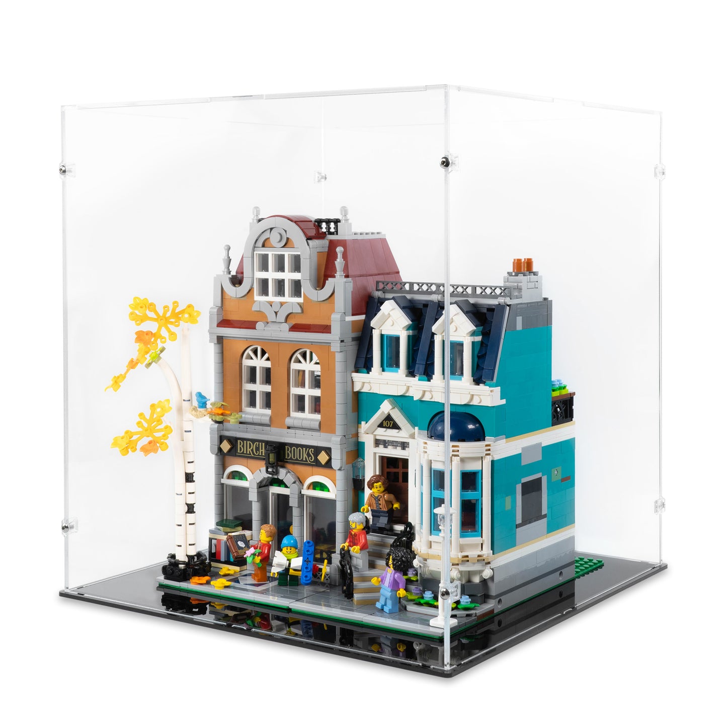 Angled view of LEGO 10270 Bookshop Display Case.