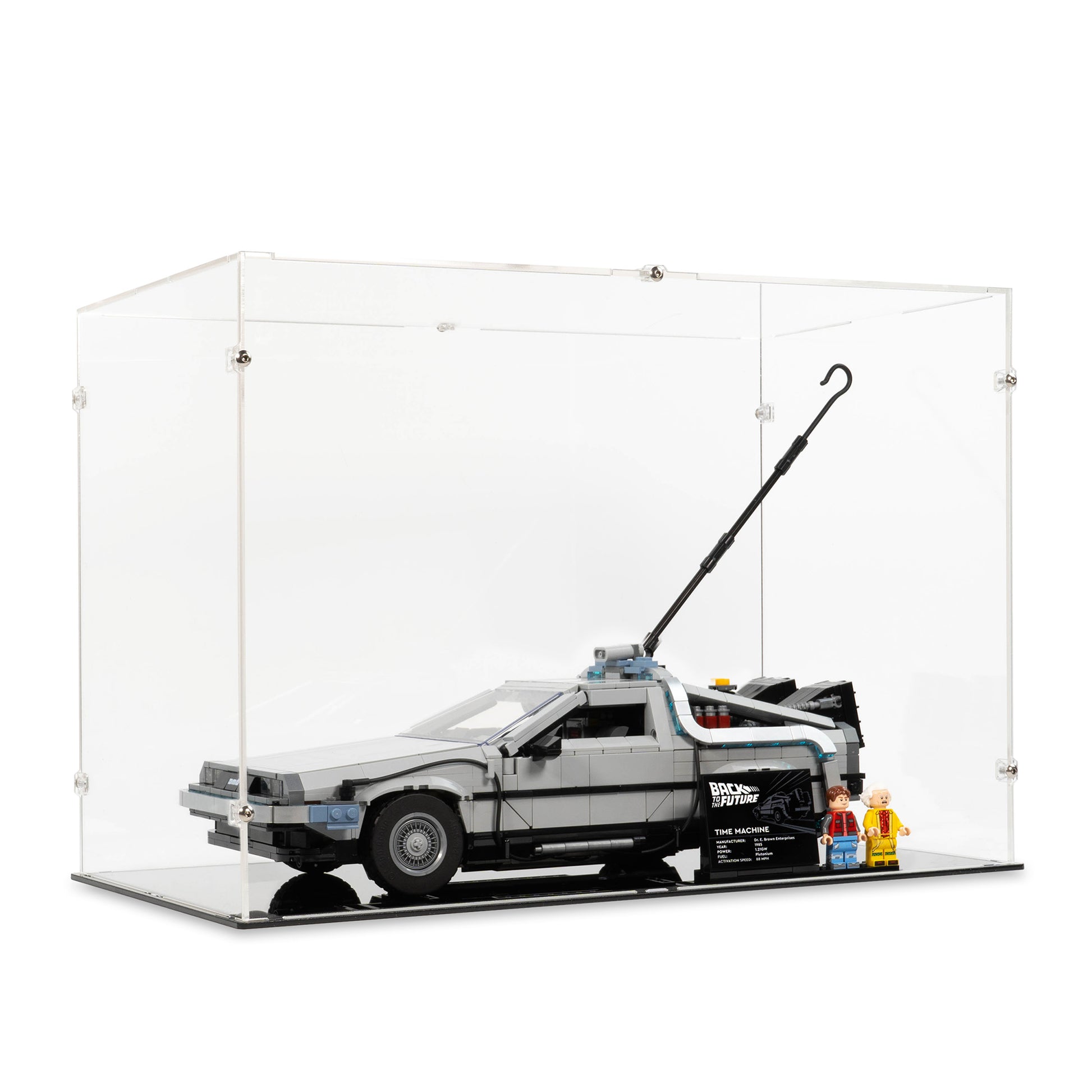 Left angled view of LEGO 10300 Back to the Future Time Machine Large Display Case.