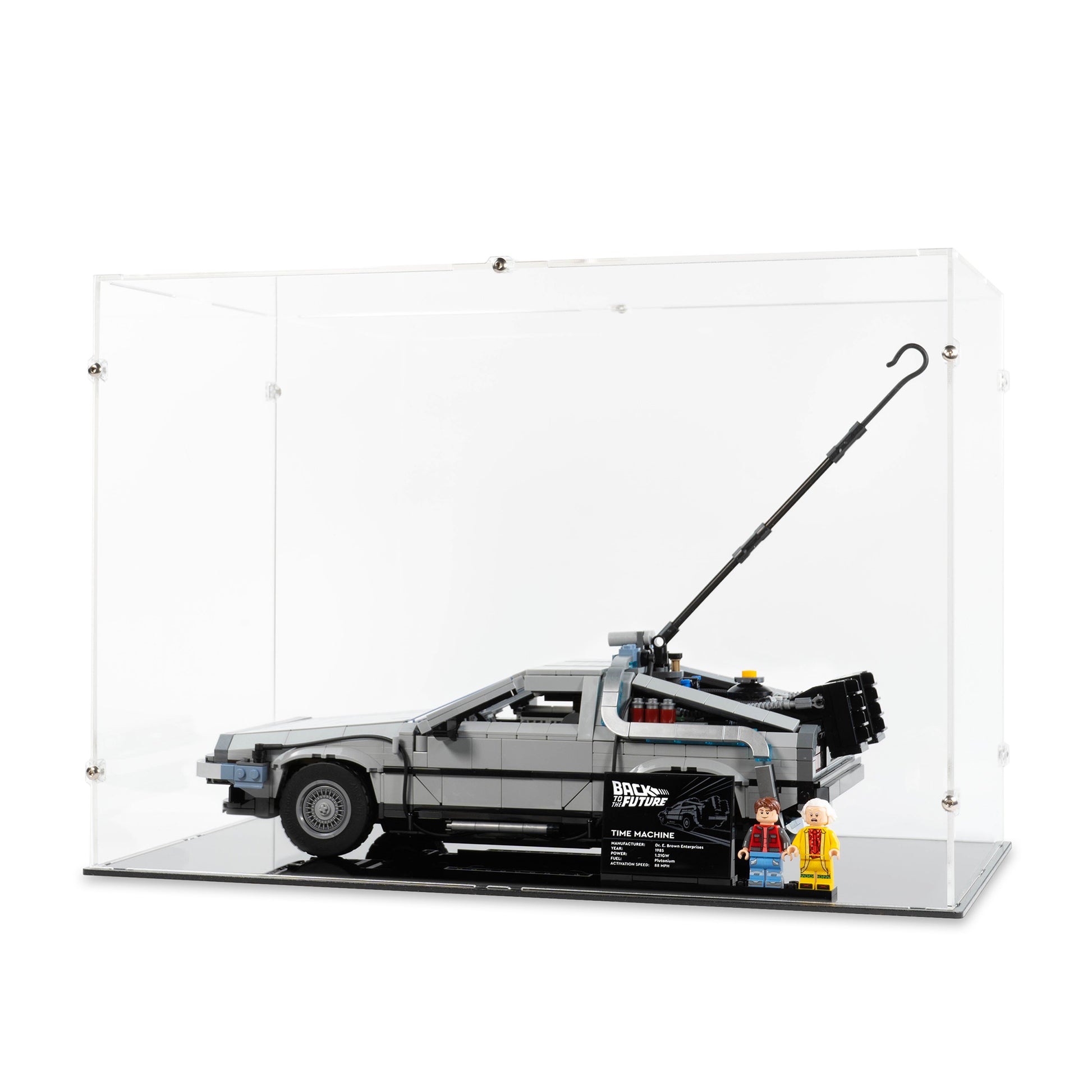 Right angled view of LEGO 10300 Back to the Future Time Machine Large Display Case.